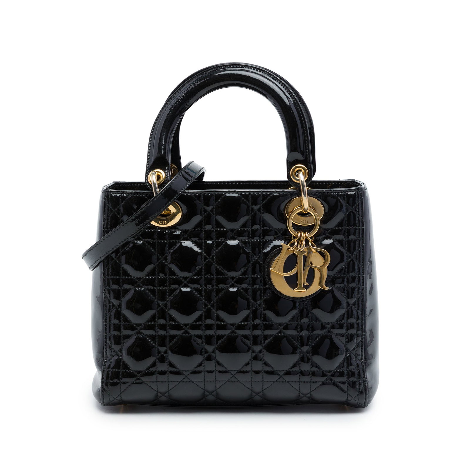 Dior Lady Dior Medium Cannage Patent Leather Handbag Black: Dior Lady Dior Medium Cannage Patent Leather Handbag Black Medium Lady Dior handbag in black patent leather with the signature Cannage quilted design. It features flat top handles, a detachable leathe