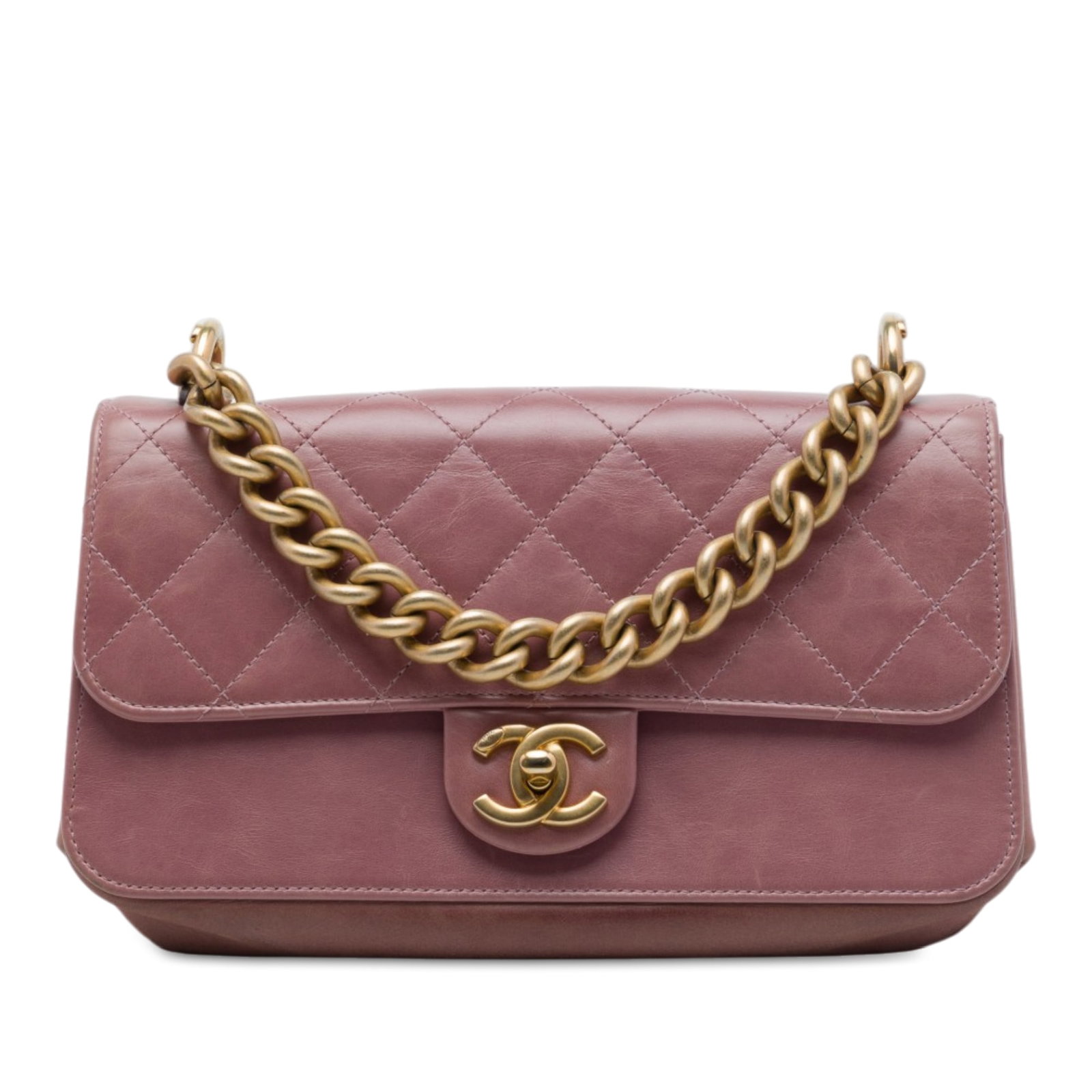 Chanel Paris Cosmopolite Small Flap Bag in Pink Aged Calfskin: Chanel Paris Cosmopolite Small Flap Bag in Pink Aged Calfskin A Chanel Paris Cosmopolite small flap bag in pink aged calfskin with straight-line quilting. This satchel-style design features a curb cha