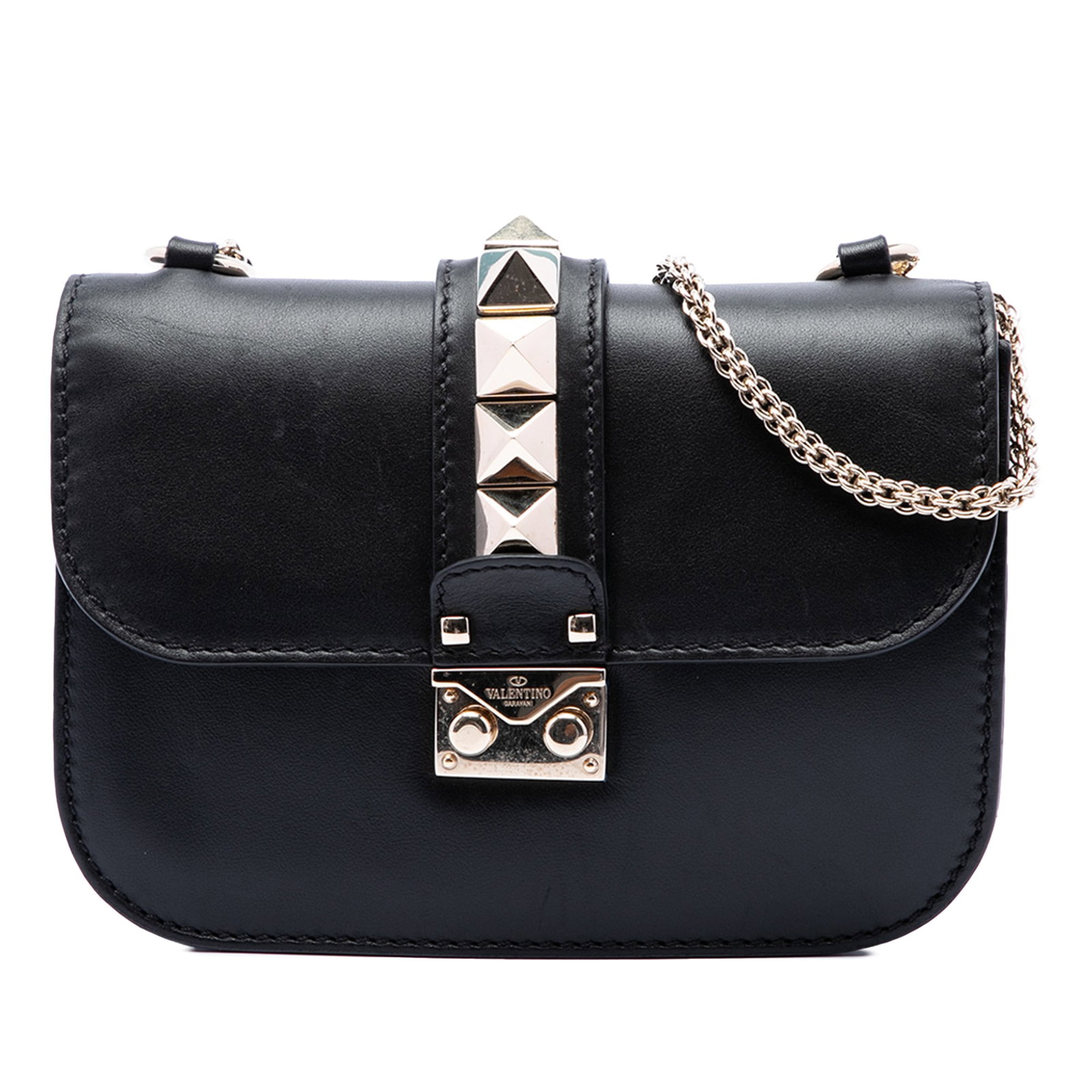 Valentino Glam Lock Rockstud Small Black Leather Crossbody Bag: Valentino Glam Lock Rockstud Small Black Leather Crossbody Bag A Valentino Glam Lock crossbody bag crafted in black leather with signature Rockstud detailing. This compact design features a chain link
