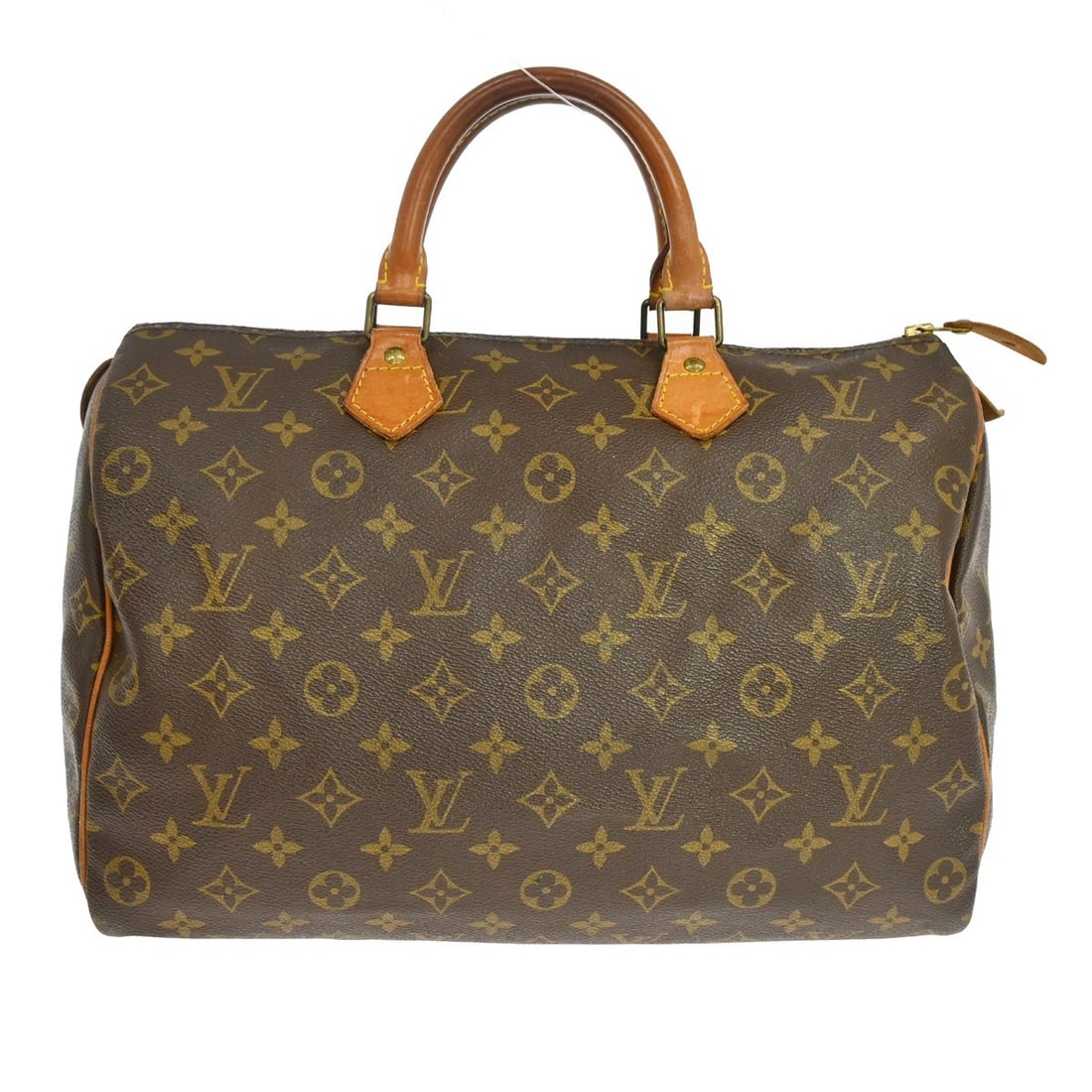 Louis Vuitton Speedy 35 Monogram Satchel Bag M41524: Louis Vuitton Speedy 35 Monogram Satchel Bag M41524 Vintage Louis Vuitton Speedy 35 handbag in Monogram canvas with leather trim and double handles. This satchel-style purse features a zip closure, br