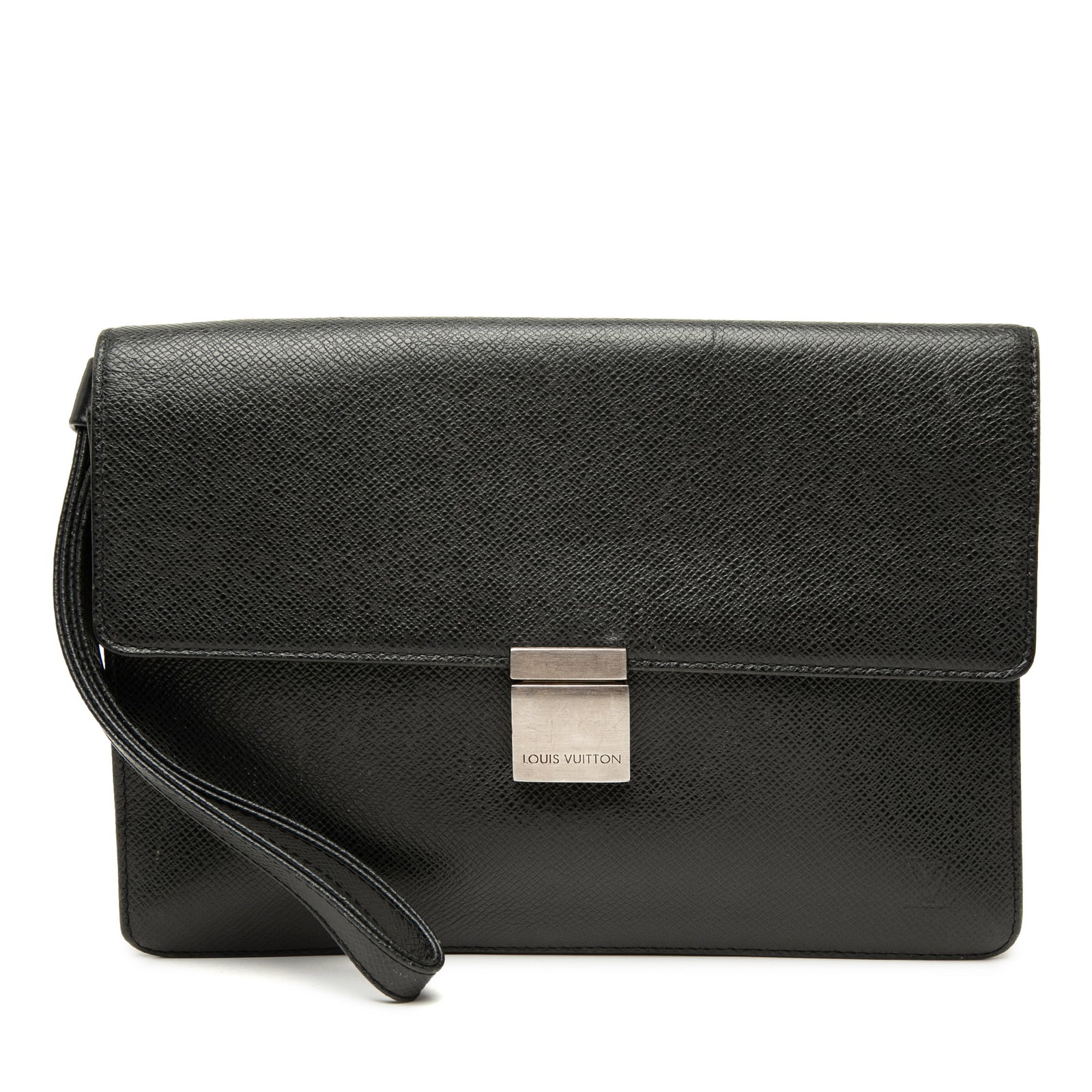 Louis Vuitton Taiga Selenga Leather Wristlet Clutch Black: Louis Vuitton Taiga Selenga Leather Wristlet Clutch Black Louis Vuitton Taiga Selenga wristlet bag crafted in black Taiga leather. The design features a flat leather wrist strap, a front flap with pus