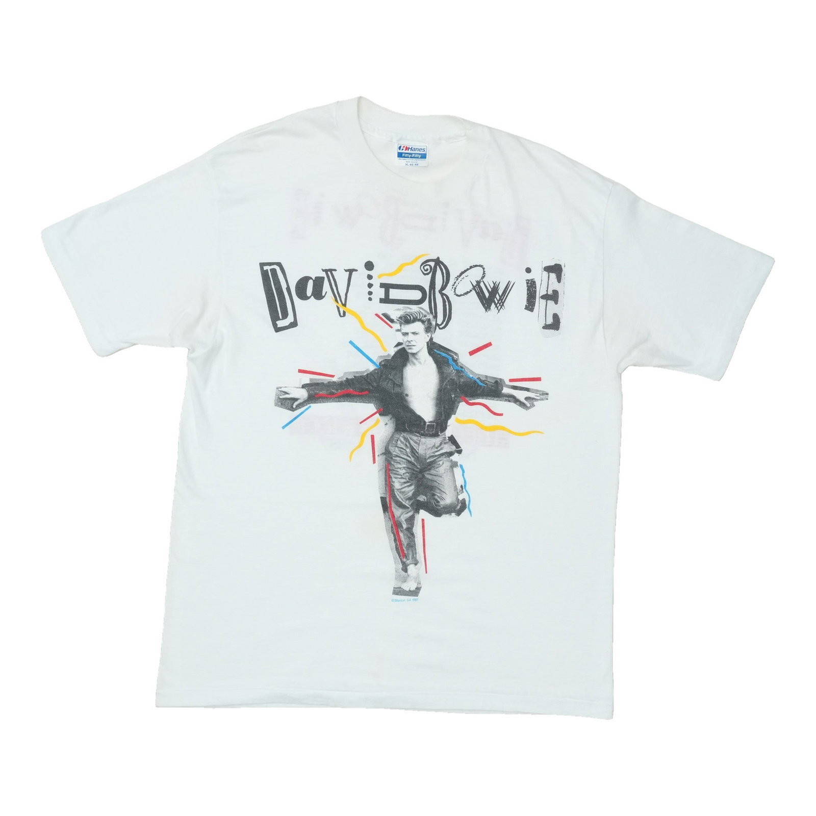 David Bowie Glass Spider Tour 1987 White Cotton Shirt XL: David Bowie Glass Spider Tour 1987 White Cotton Shirt XL Original vintage 1987 David Bowie Glass Spider Tour shirt. This is a true vintage piece, not a modern reproduction. Sizes vary, so the provided