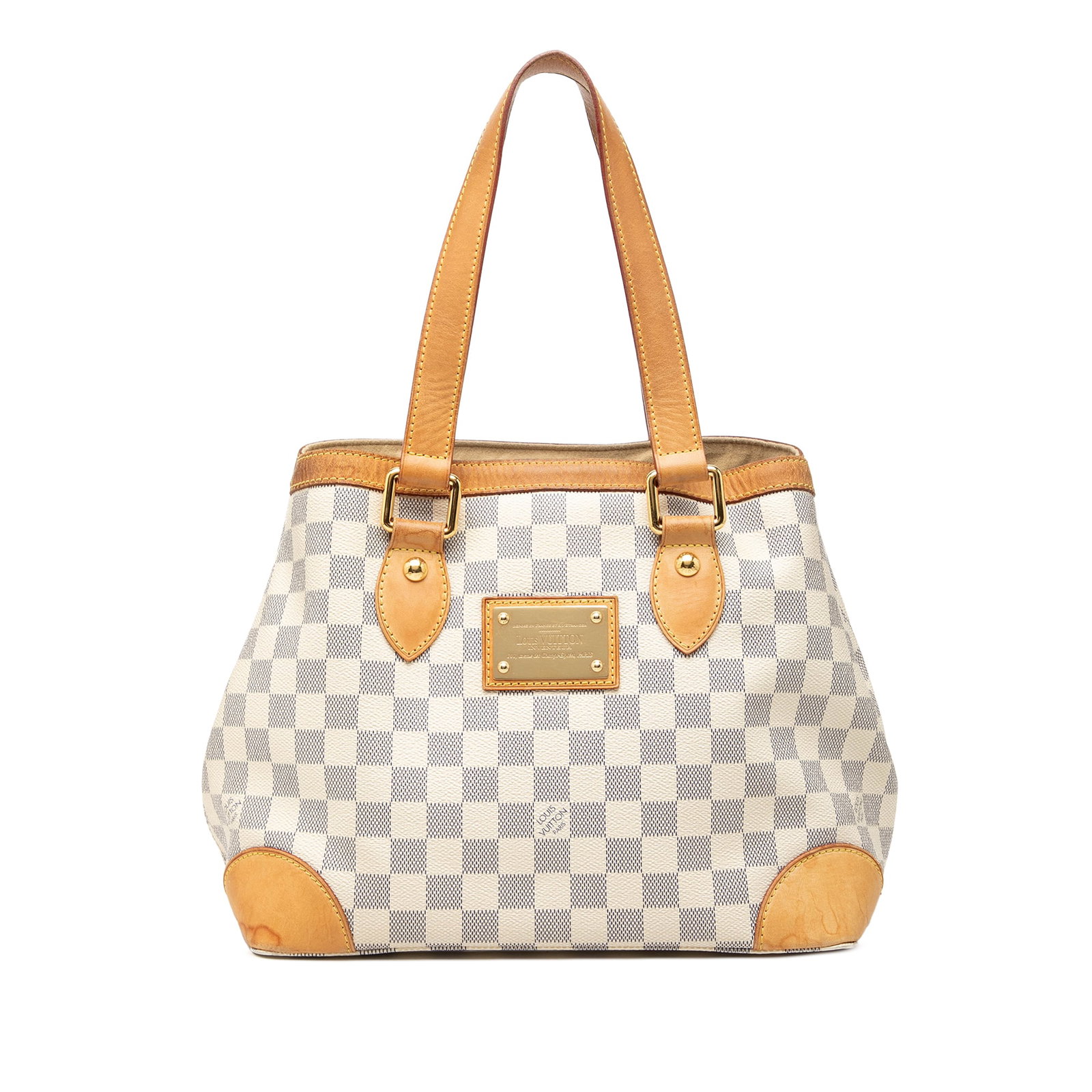 Louis Vuitton Hampstead PM Damier Azur Tote Bag: Louis Vuitton Hampstead PM Damier Azur Tote Bag A Louis Vuitton Hampstead PM handbag in Damier Azur canvas with vachetta trim and flat vachetta straps. The bag features an open top with hook closure a