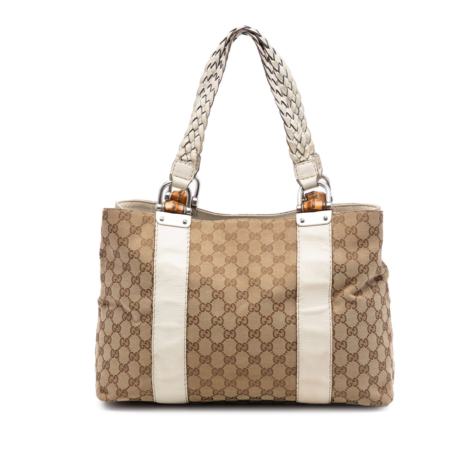 Gucci Bamboo Libeccio Medium Tote Bag in GG Canvas and Leather Trim: Gucci Bamboo Libeccio Medium Tote Bag in GG Canvas and Leather Trim This Gucci Medium GG Canvas Bamboo Libeccio Tote features a beige canvas body with leather trim, flat braided straps, an open top, a