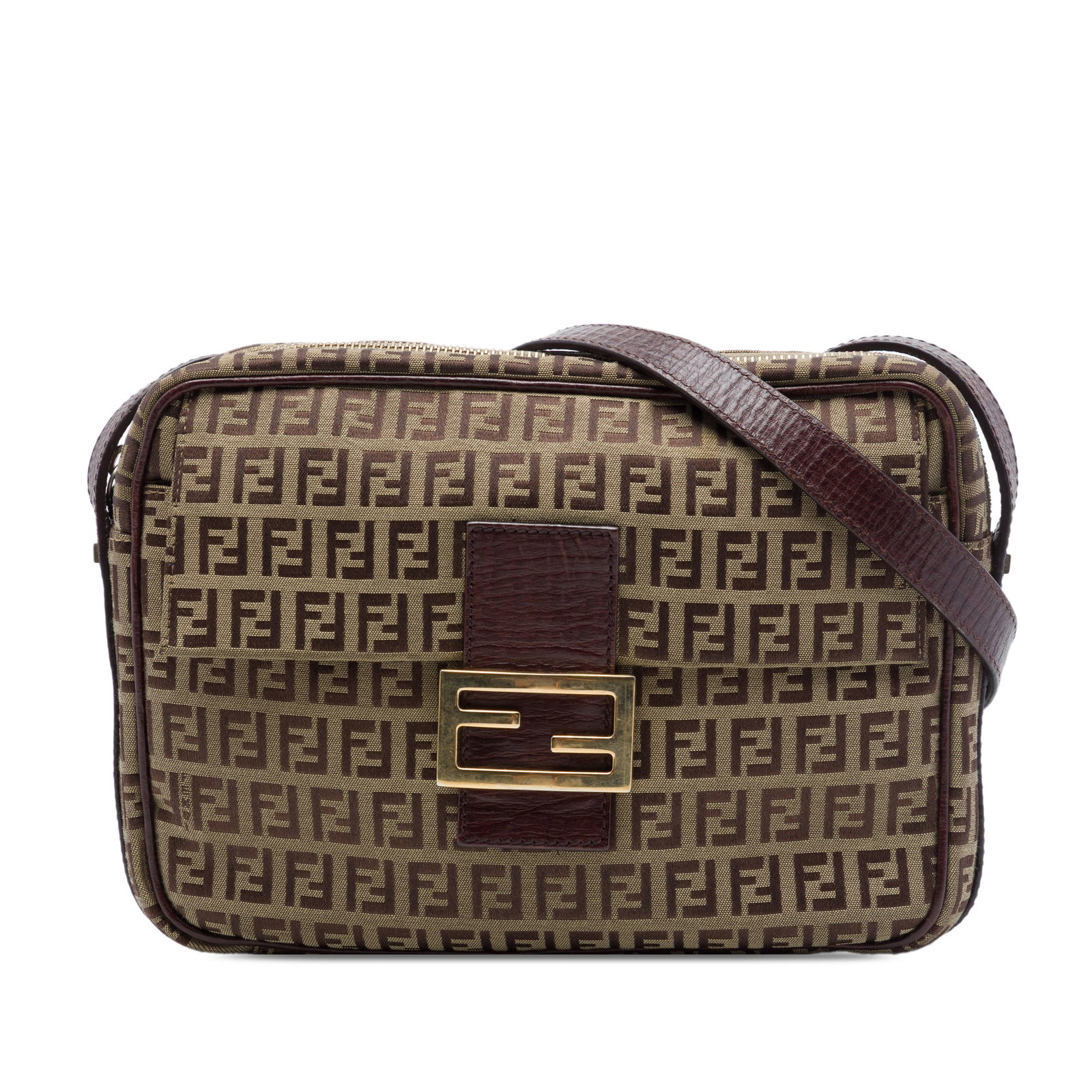 Fendi Zucchino Brown Canvas Crossbody Bag with Leather Trim: Fendi Zucchino Brown Canvas Crossbody Bag with Leather Trim Fendi Zucchino canvas crossbody bag with leather trim and an adjustable flat leather strap. The design includes a top zip closure, a front f
