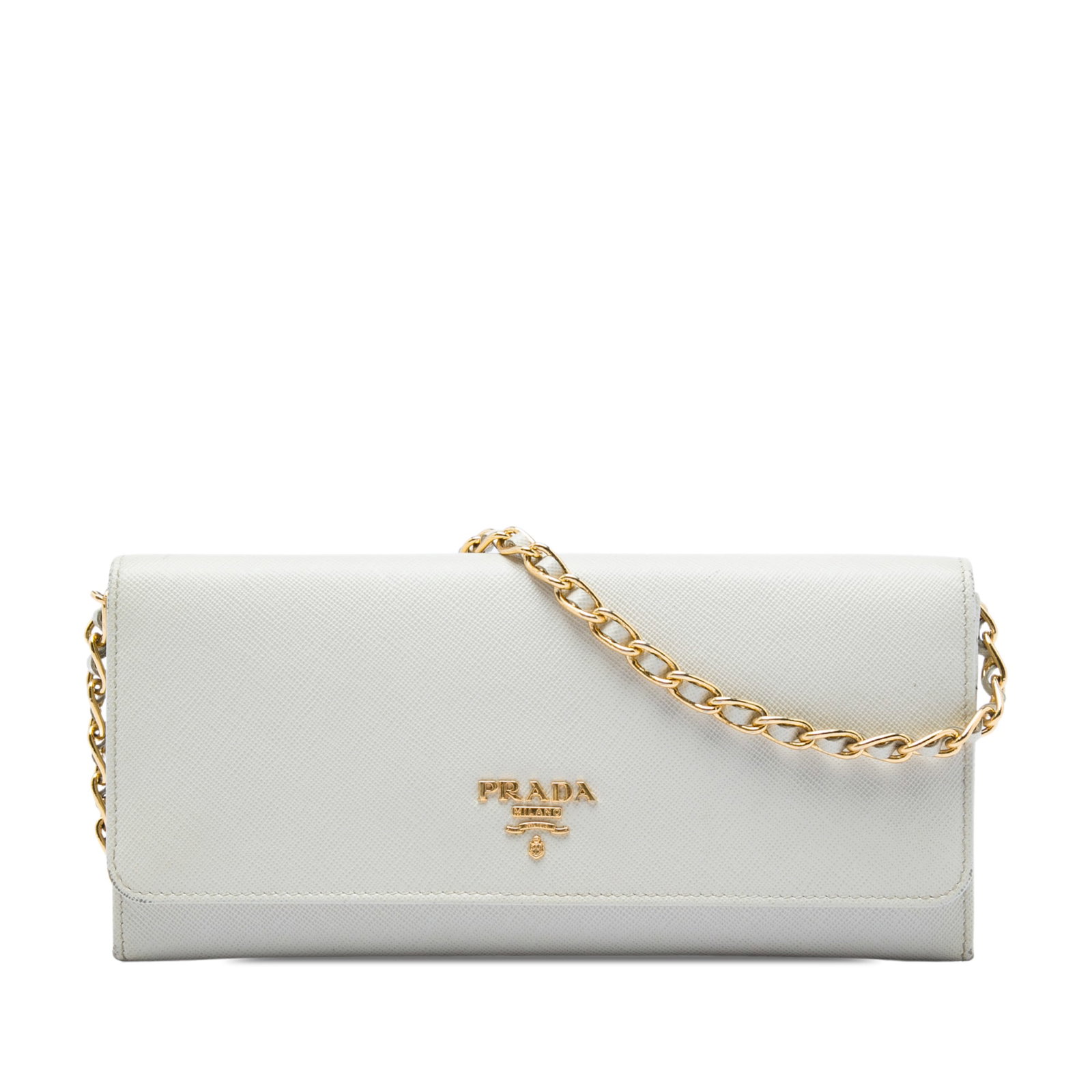 Prada Saffiano Lux leather wallet on chain white: Prada Saffiano Lux leather wallet on chain white Prada Saffiano Lux Wallet On Chain in white saffiano leather with a gold-tone chain strap and front flap snap closure. The interior includes zip and sl