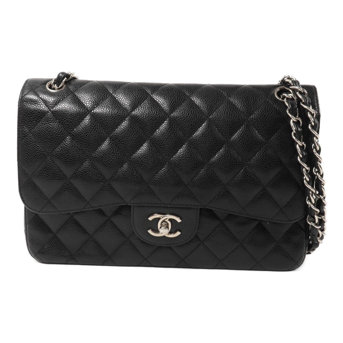 CHANEL Large Classic Shoulder Bag Black Calfskin with CC Chain: CHANEL Large Classic Shoulder Bag Black Calfskin with CC Chain Large Classic shoulder bag in black calfskin leather with a CC turn-lock closure and chain shoulder strap. The interior includes multiple