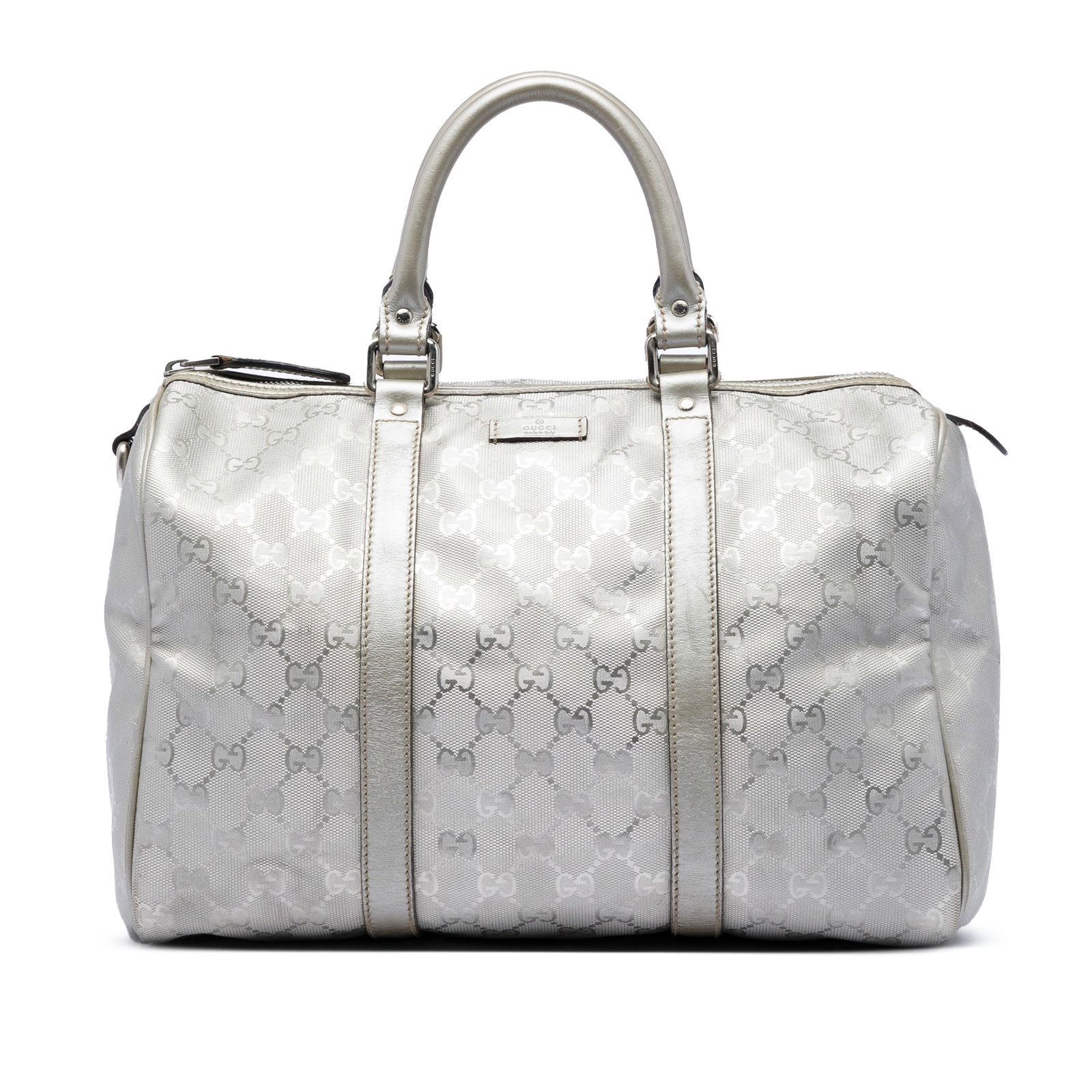 Gucci Joy Boston Bag Medium GG Imprime Silver Coated Canvas: Gucci Joy Boston Bag Medium GG Imprime Silver Coated Canvas Gucci Medium GG Imprime Joy Boston bag in silver coated canvas with leather trim. This structured handbag features rolled leather handles, a