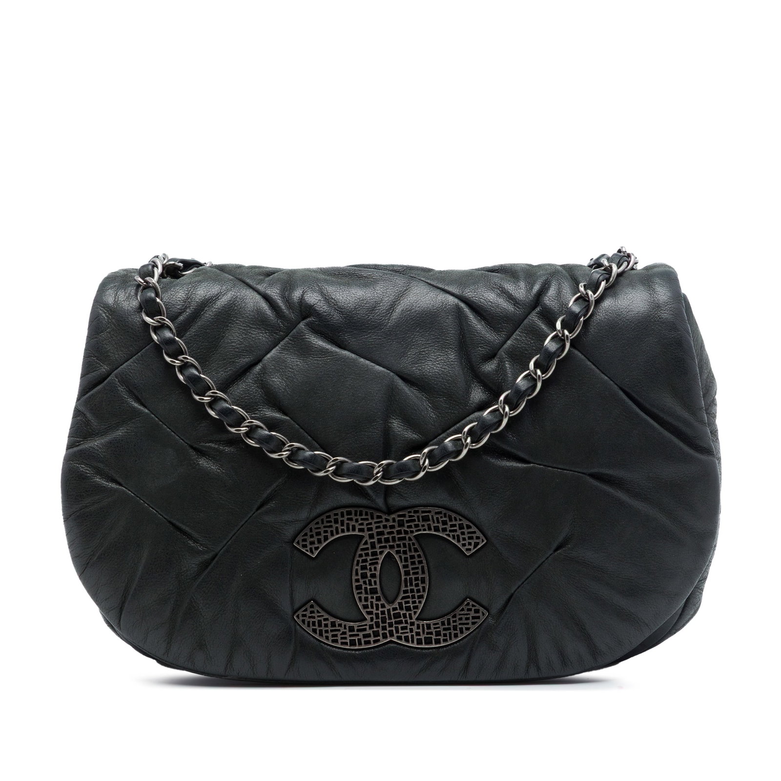 Chanel East Glint Flap iridescent calfskin crossbody bag: Chanel East Glint Flap iridescent calfskin crossbody bag A Chanel East Glint Flap crossbody bag crafted in black iridescent calfskin. It features a leather-woven chain strap, a front flap with magneti