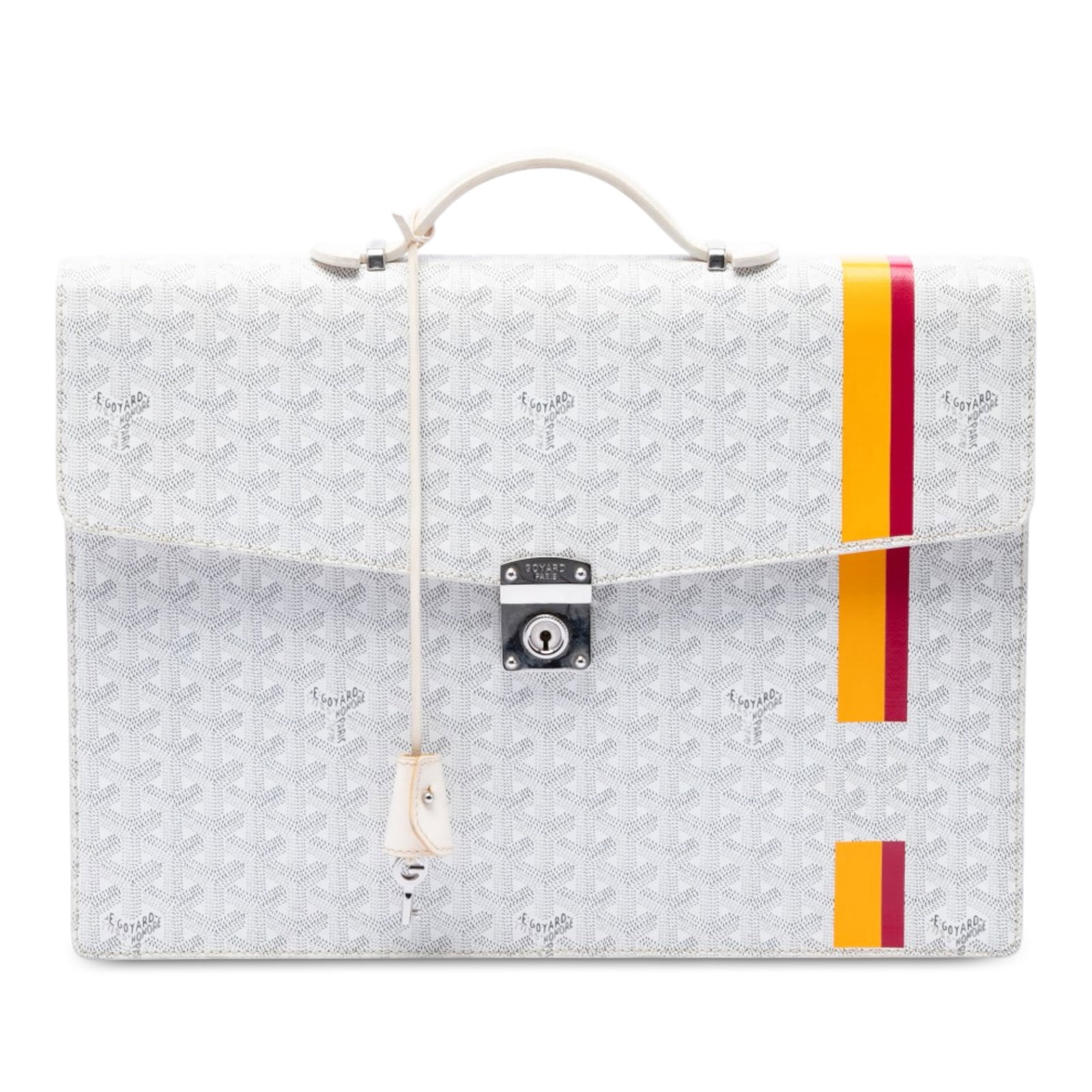 Goyard Serviette Chypre Briefcase in White Goyardine Stripe: Goyard Serviette Chypre Briefcase in White Goyardine Stripe Structured briefcase in Goyardine Stripe Serviette Chypre design with a coated canvas body, flat leather top handle, front flap with metal c