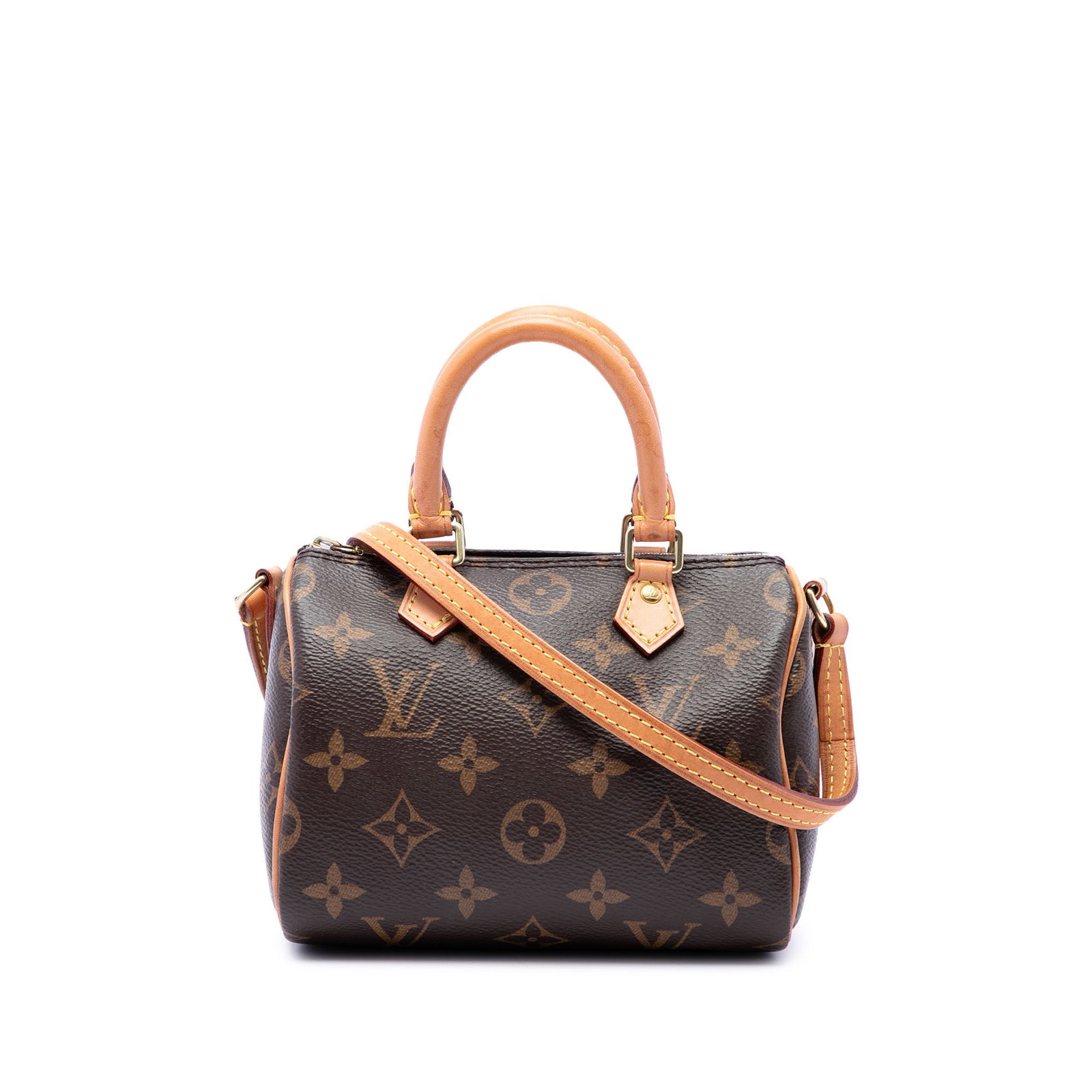 Louis Vuitton Nano Speedy Bandouliere Monogram Shoulder Bag: Louis Vuitton Nano Speedy Bandouliere Monogram Shoulder Bag A compact Louis Vuitton Nano Speedy Bandouliere crafted in monogram canvas with rolled vachetta leather handles, a flat vachetta leather sho