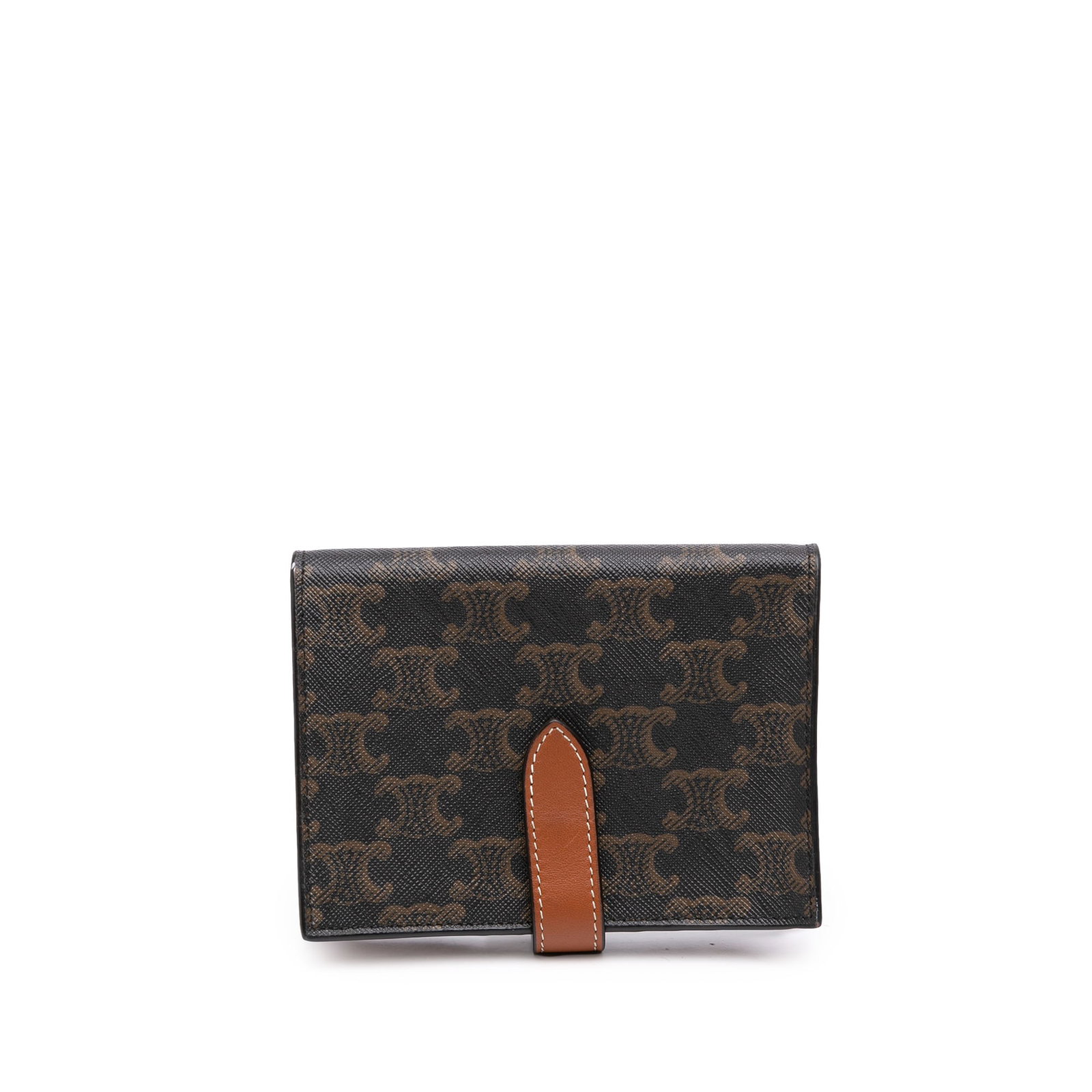 Celine Triomphe Compact Wallet in Brown Coated Canvas: Celine Triomphe Compact Wallet in Brown Coated Canvas Compact Celine Triomphe wallet in brown coated canvas with a top strap and snap button closure. The interior includes zip and slip pockets, and th