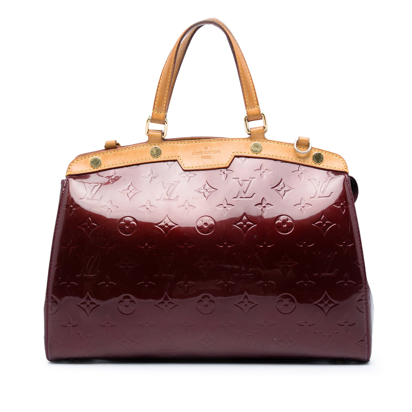 Louis Vuitton Brea MM Monogram Vernis red leather handbag: Louis Vuitton Brea MM Monogram Vernis red leather handbag Louis Vuitton Monogram Vernis Brea MM handbag in red vernis leather with vachetta leather trim. This structured bag features flat vachetta lea