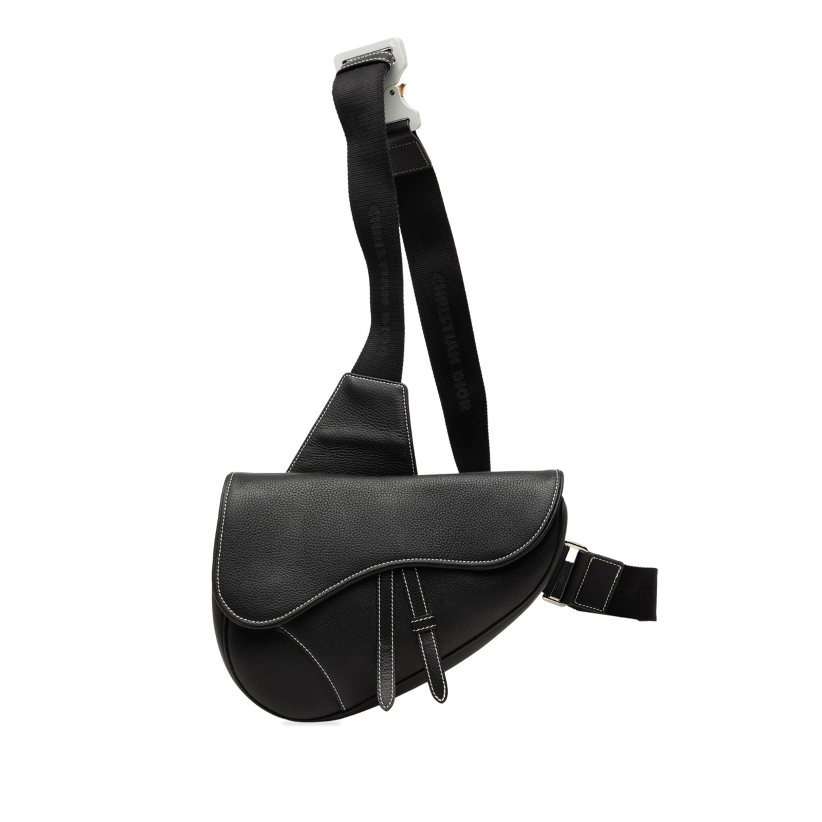 Dior Saddle Crossbody Bag in Black Grained Calfskin: Dior Saddle Crossbody Bag in Black Grained Calfskin A Dior Saddle crossbody bag crafted in grained calfskin leather with the signature curved silhouette. It features a black leather body, a flat canva