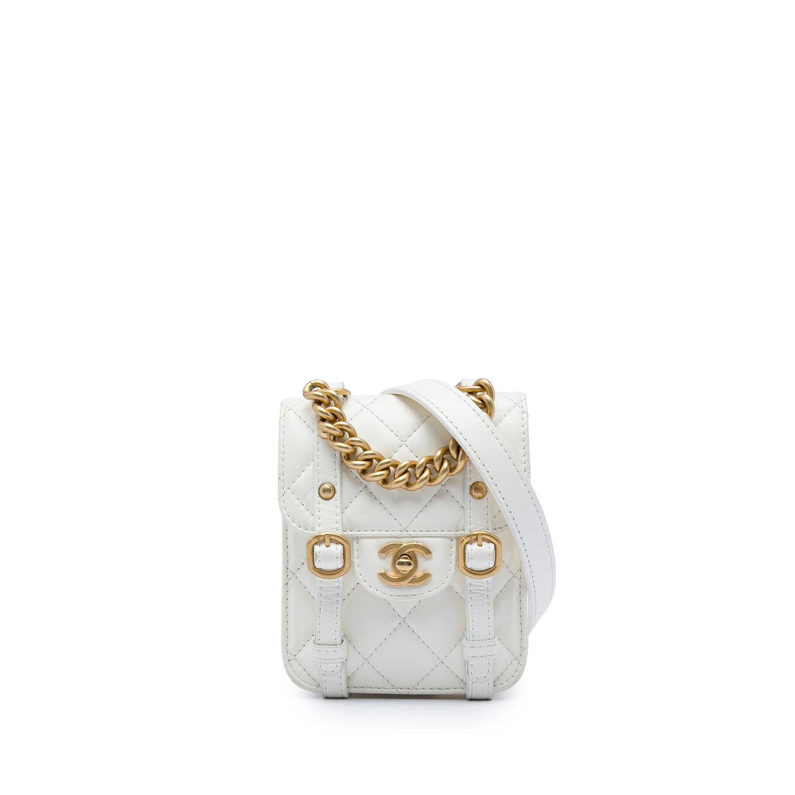 Chanel City School Mini Flap Bag Aged Calfskin White: Chanel City School Mini Flap Bag Aged Calfskin White This Chanel Mini Aged Calfskin City School Flap is crafted in quilted leather and features a chain link handle, an adjustable leather and chain sho