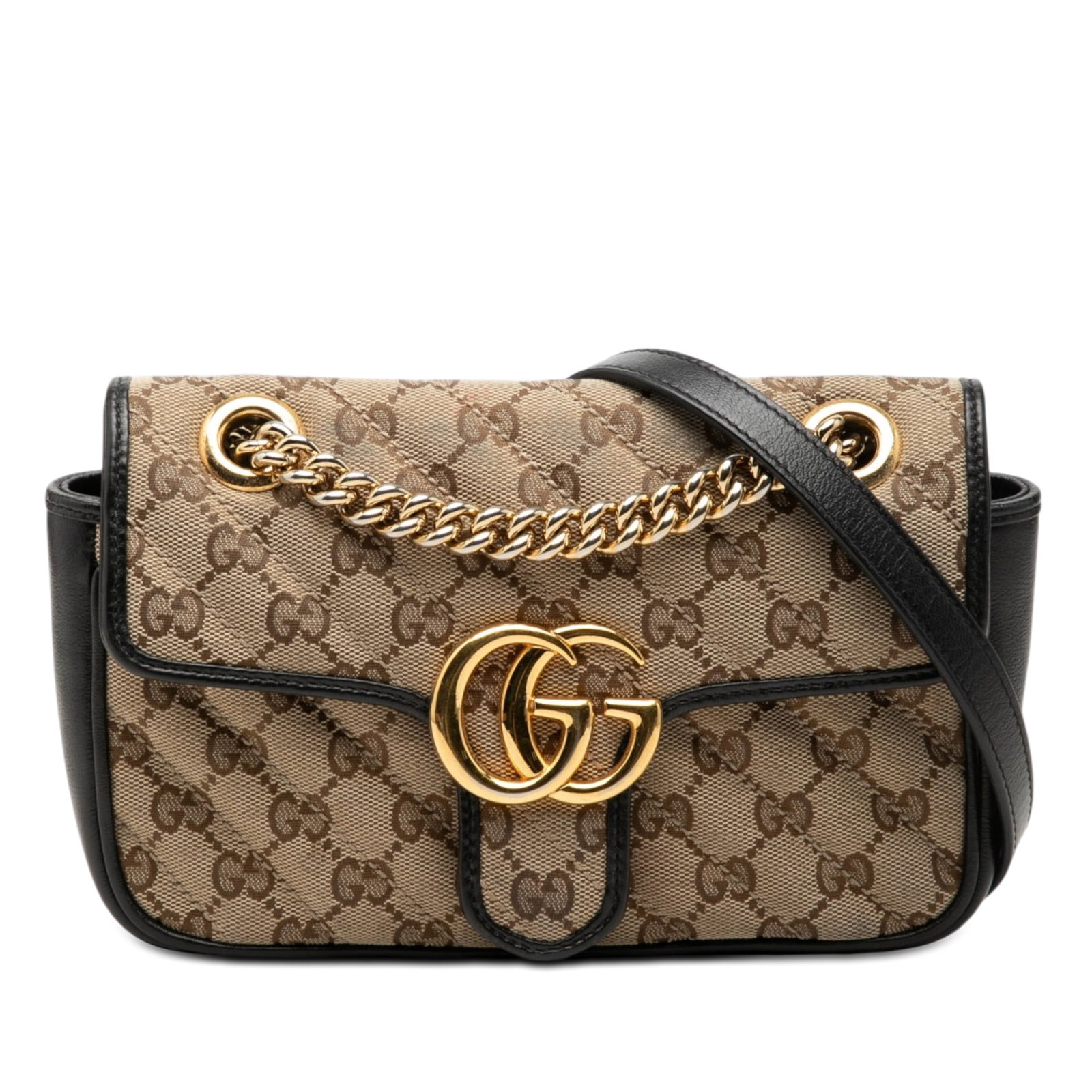Gucci GG Marmont Small Shoulder Bag in Diagonal Matelasse Canvas Leather: Gucci GG Marmont Small Shoulder Bag in Diagonal Matelasse Canvas Leather Gucci Small GG Marmont shoulder bag crafted in beige GG canvas with leather trim. The design features a chain-link and leather 