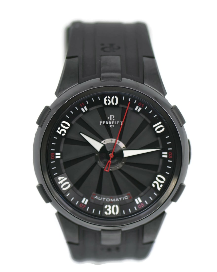 Perrelet Turbine Chronograph 47mm Stainless Steel Black Rubber Watch A1051/1: Perrelet Turbine Chronograph 47mm Stainless Steel Black Rubber Watch A1051/1 The Perrelet Turbine Chronograph is a striking wristwatch that showcases a bold black design. Crafted with a durable stainl
