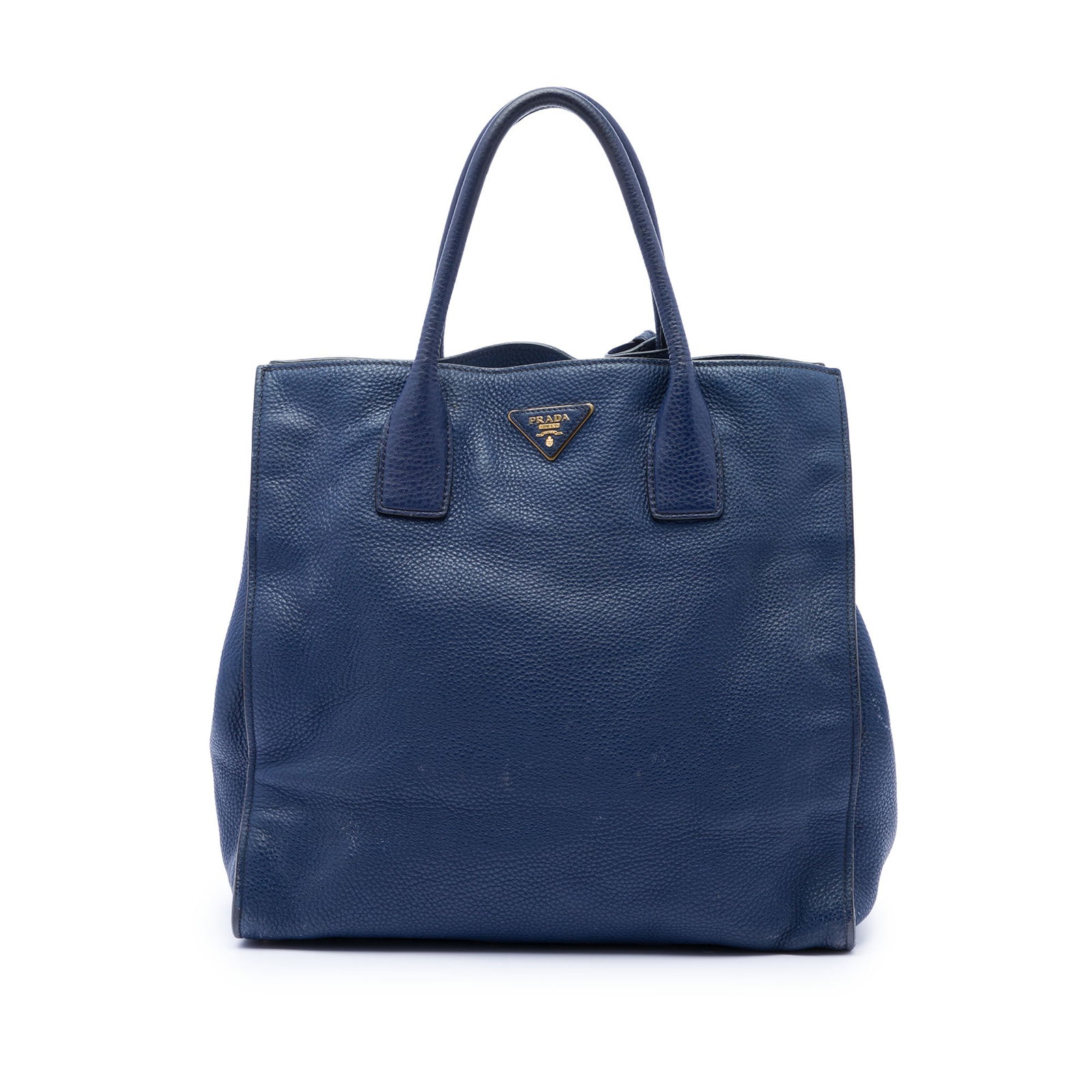 Prada Vitello Daino Leather Satchel Blue Open Top Tote: Prada Vitello Daino Leather Satchel Blue Open Top Tote A Prada Vitello Daino Open Convertible Tote satchel in blue leather, made in Italy. It features rolled leather handles, an open top, and interior