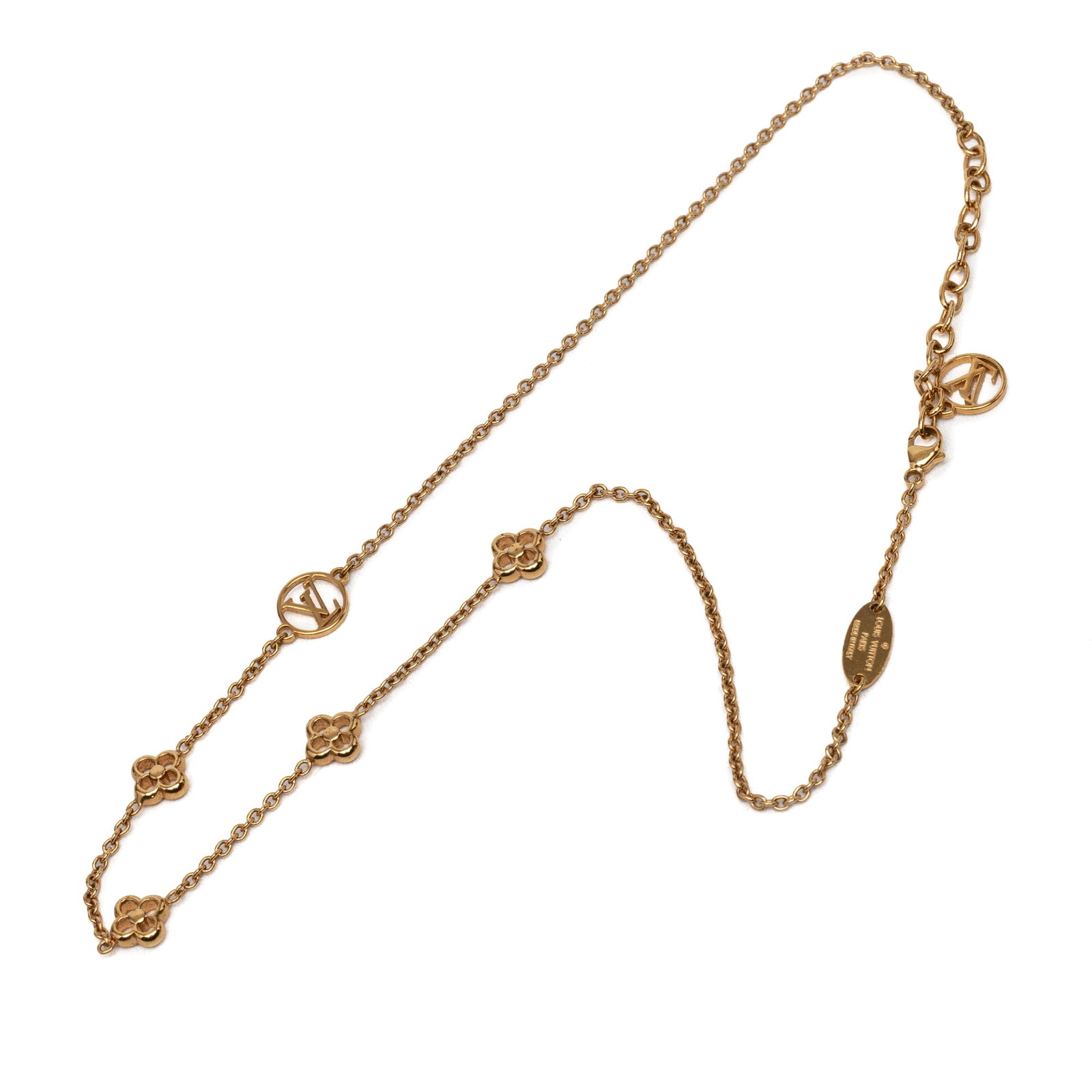 Louis Vuitton Flower Full Gold Tone Necklace: Louis Vuitton Flower Full Gold Tone Necklace Louis Vuitton Gold Plated Flower Full Necklace with a gold-tone metal body and lobster clasp closure. Includes the dust bag and box. Condition is AB with s