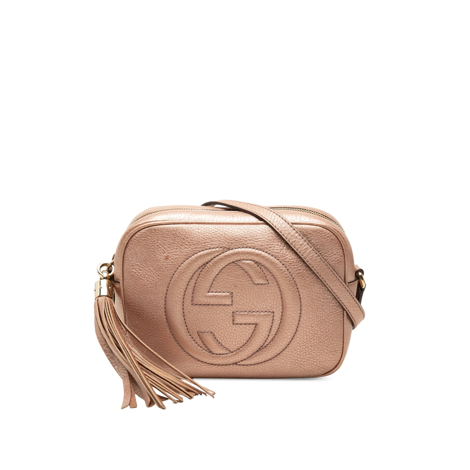 Gucci Soho Disco Metallic Calfskin Leather Crossbody Bag Pink: Gucci Soho Disco Metallic Calfskin Leather Crossbody Bag Pink Gucci Soho Disco crossbody bag in pink metallic calfskin leather with a tassel detail and top zip closure. The interior includes slip pock