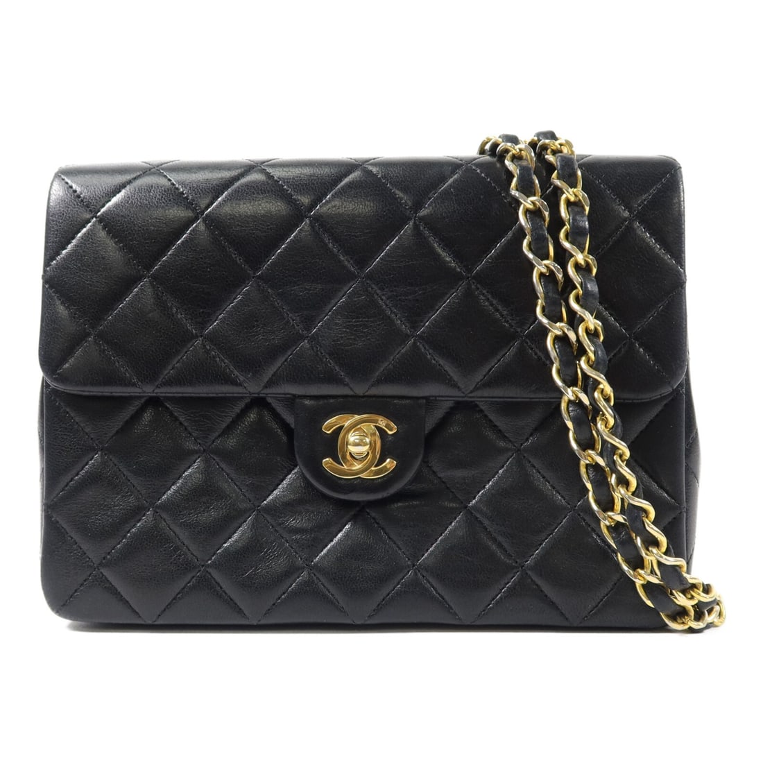 CHANEL Mini Classic Square Shoulder Bag Black Lambskin Chain Strap: CHANEL Mini Classic Square Shoulder Bag Black Lambskin Chain Strap Vintage Chanel Mini Classic Square chain shoulder bag in black lambskin with the iconic CC turn-lock closure. Made in France, this wo