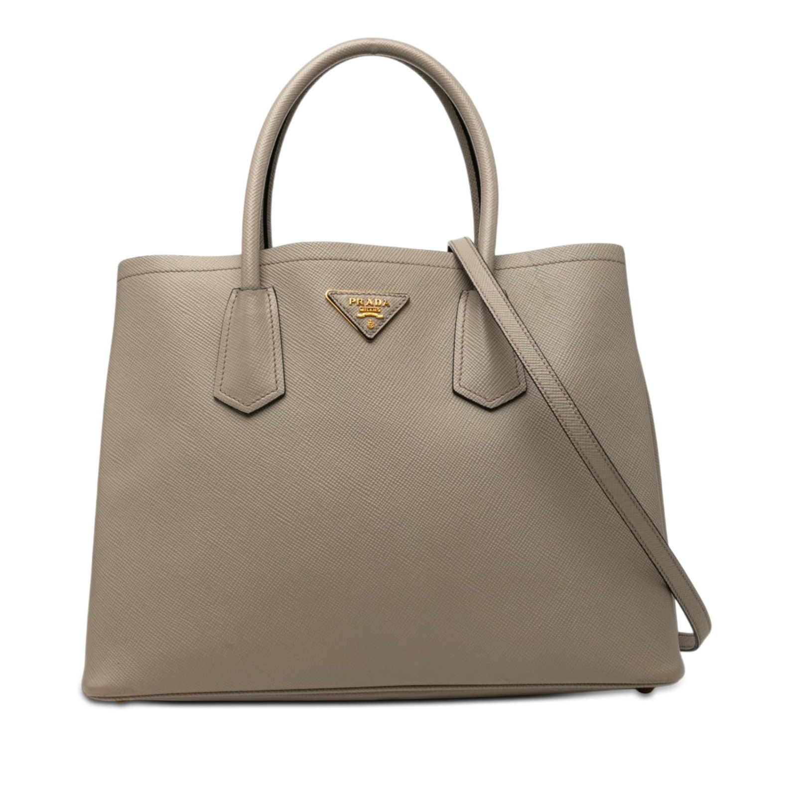 Prada Medium Saffiano Cuir Double Leather Satchel Gray: Prada Medium Saffiano Cuir Double Leather Satchel Gray Prada Medium Saffiano Cuir Double Satchel in gray leather with rolled top handles, a detachable flat leather shoulder strap, an open top, and an 
