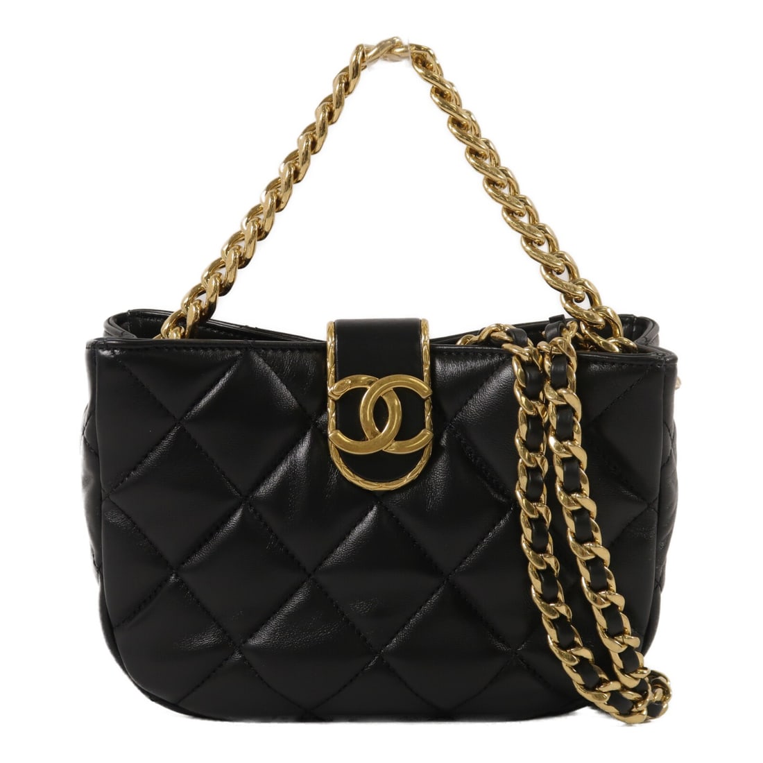 CHANEL AS3475 CC Lambskin 2 Way Shoulder Bag Black: CHANEL AS3475 CC Lambskin 2 Way Shoulder Bag Black This CHANEL 2-way shoulder bag is crafted from black lambskin (sheep leather) with GHW hardware and a black frame color. It features a compact silhou