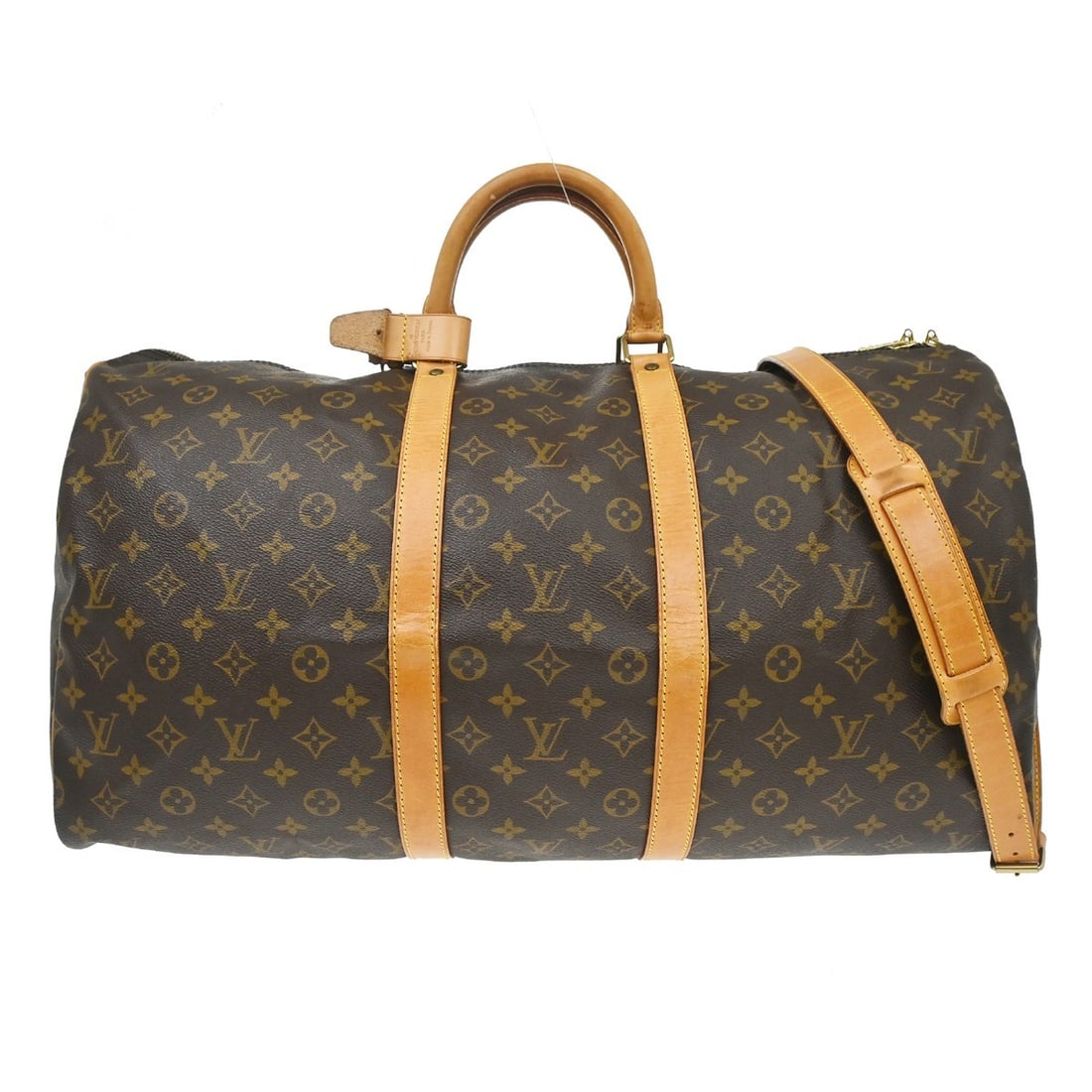 Louis Vuitton Keepall Bandouliere 55 Monogram Canvas Duffle Bag M41414: Louis Vuitton Keepall Bandouliere 55 Monogram Canvas Duffle Bag M41414 Vintage Louis Vuitton Keepall Bandouliere 55 travel bag in brown Monogram canvas with leather trim and double handles. This extra