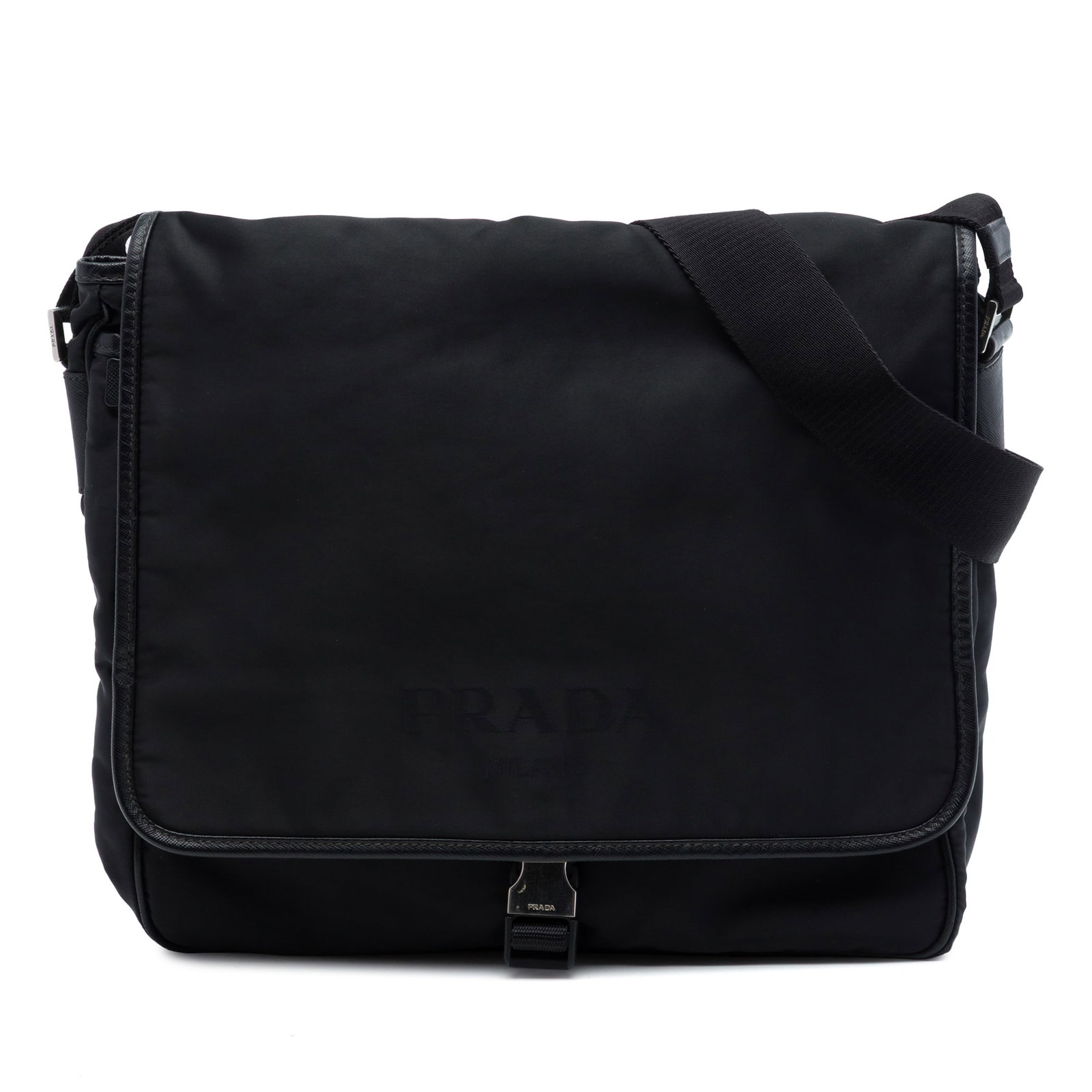 Prada Tessuto Messenger Crossbody Bag with Saffiano Trim Black: Prada Tessuto Messenger Crossbody Bag with Saffiano Trim Black A Prada messenger bag crafted with a nylon body and saffiano leather trim. This crossbody style features an adjustable flat strap, a fron