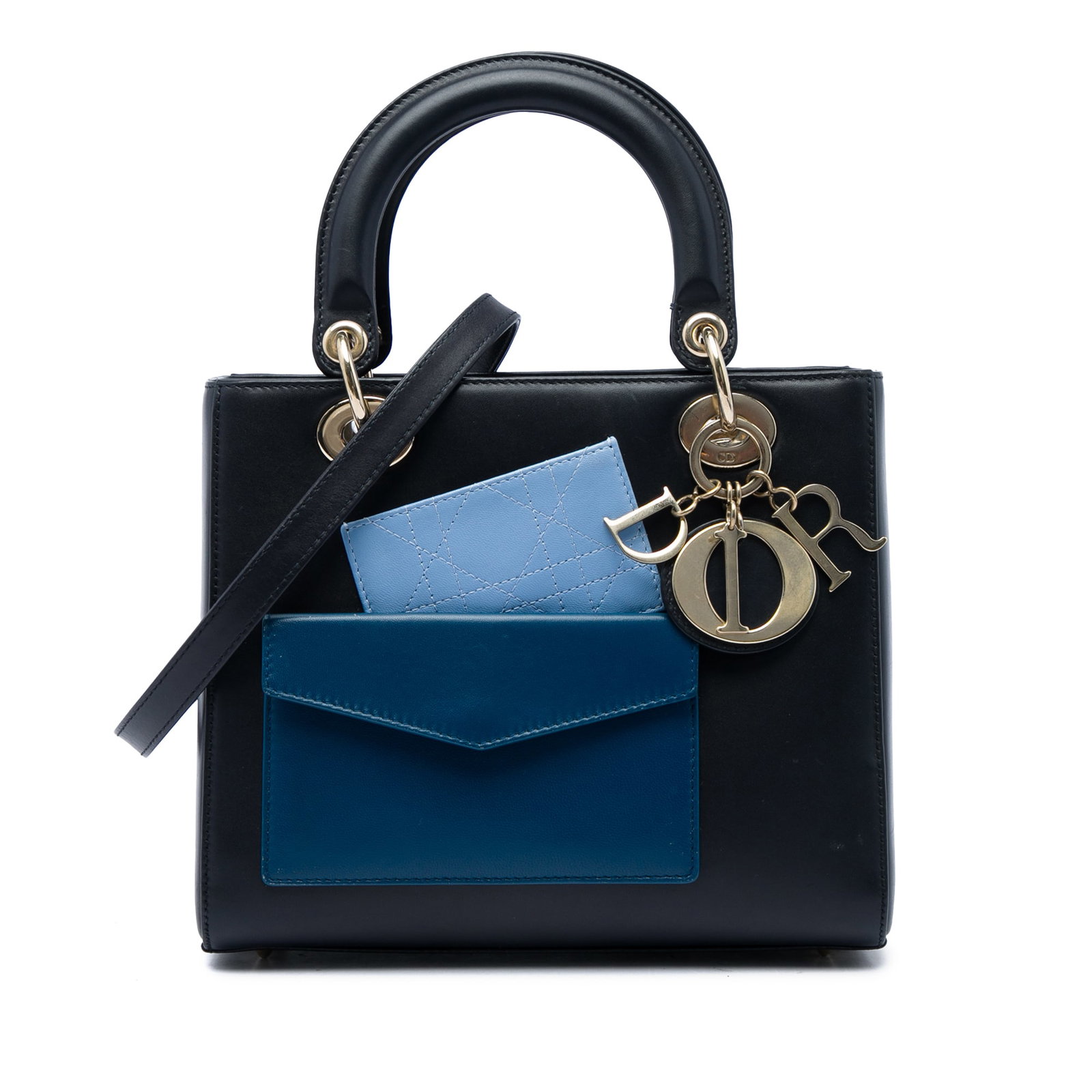 Dior Lady Dior Medium Calfskin Handbag with Shoulder Strap: Dior Lady Dior Medium Calfskin Handbag with Shoulder Strap Medium Lady Dior handbag in black calfskin with exterior pockets, flat leather top handles, a detachable flat shoulder strap, top zip closure