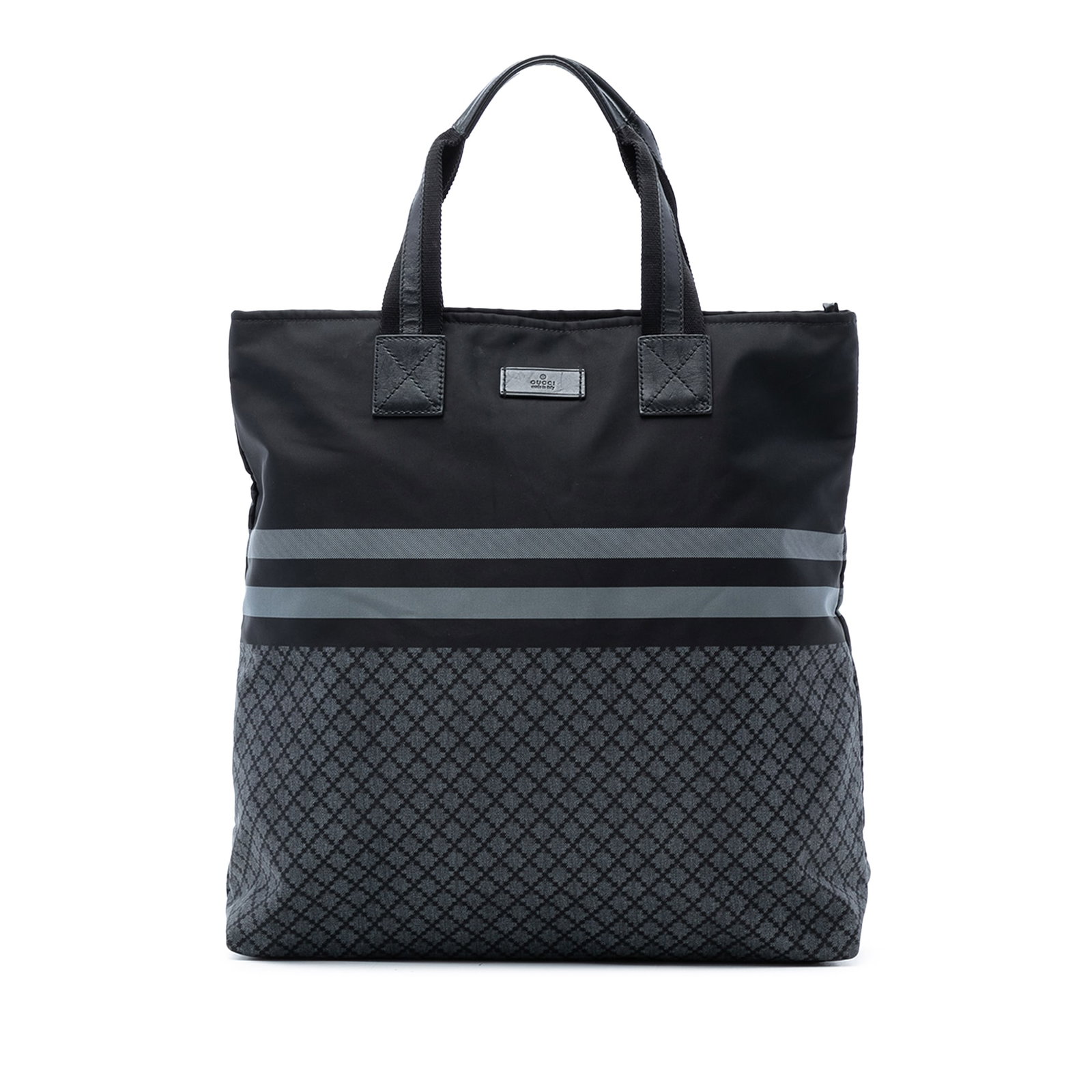 Gucci Diamante Web Pattern Black Nylon Tote Bag: Gucci Diamante Web Pattern Black Nylon Tote Bag This Gucci Diamante Nylon Web Tote features a printed nylon exterior with flat handles and a top zip closure. The interior includes zip and slip pockets