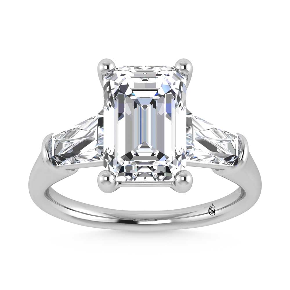 14K White Gold Lab Grown Diamond 5 1/5 Ct.Tw. Emerald Shape Three Stone Engagement Ring: 14K White Gold Lab Grown Diamond 5 1/5 Ct.Tw. Emerald Shape Three Stone Engagement Ring This stunning three-stone ring features a sparkling 4 CT Emerald Center diamond with two shimmering side diamond