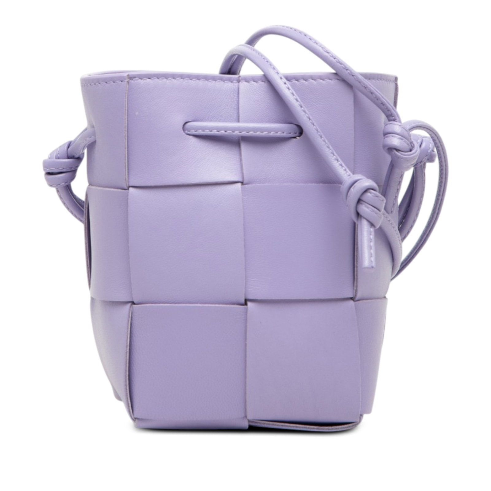 Bottega Veneta Cassette Mini Bucket Bag in Purple Nappa Leather: Bottega Veneta Cassette Mini Bucket Bag in Purple Nappa Leather A compact Bottega Veneta bucket bag crafted in woven nappa leather with the Maxi Intrecciato Cassette design. It features rolled leather