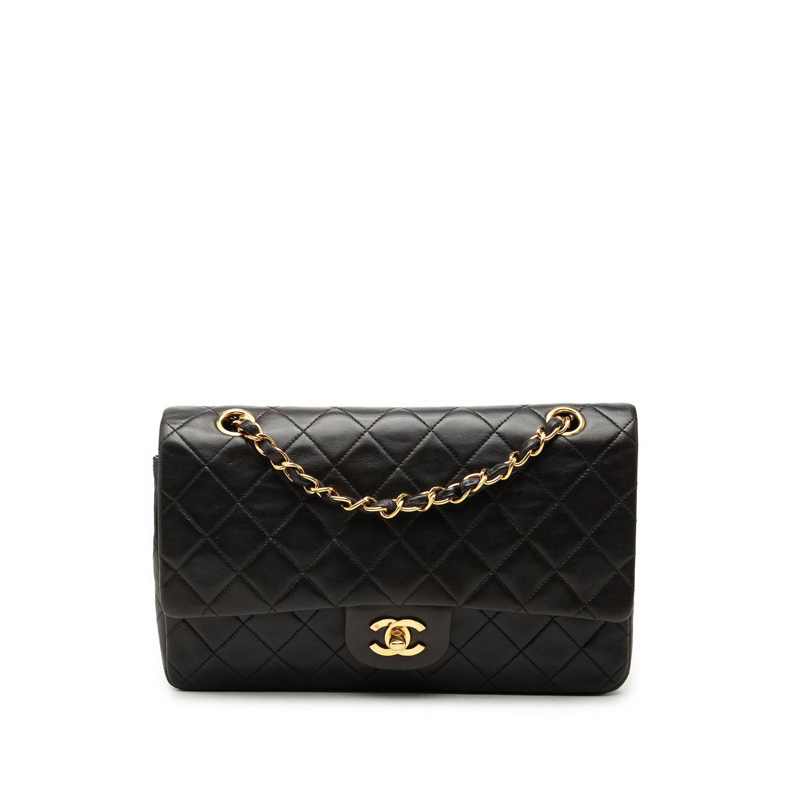 Chanel Medium Classic Double Flap Shoulder Bag Black Lambskin: Chanel Medium Classic Double Flap Shoulder Bag Black Lambskin A Chanel Medium Classic Lambskin Double Flap shoulder bag in black quilted lambskin. It features leather-woven chain straps, double front 