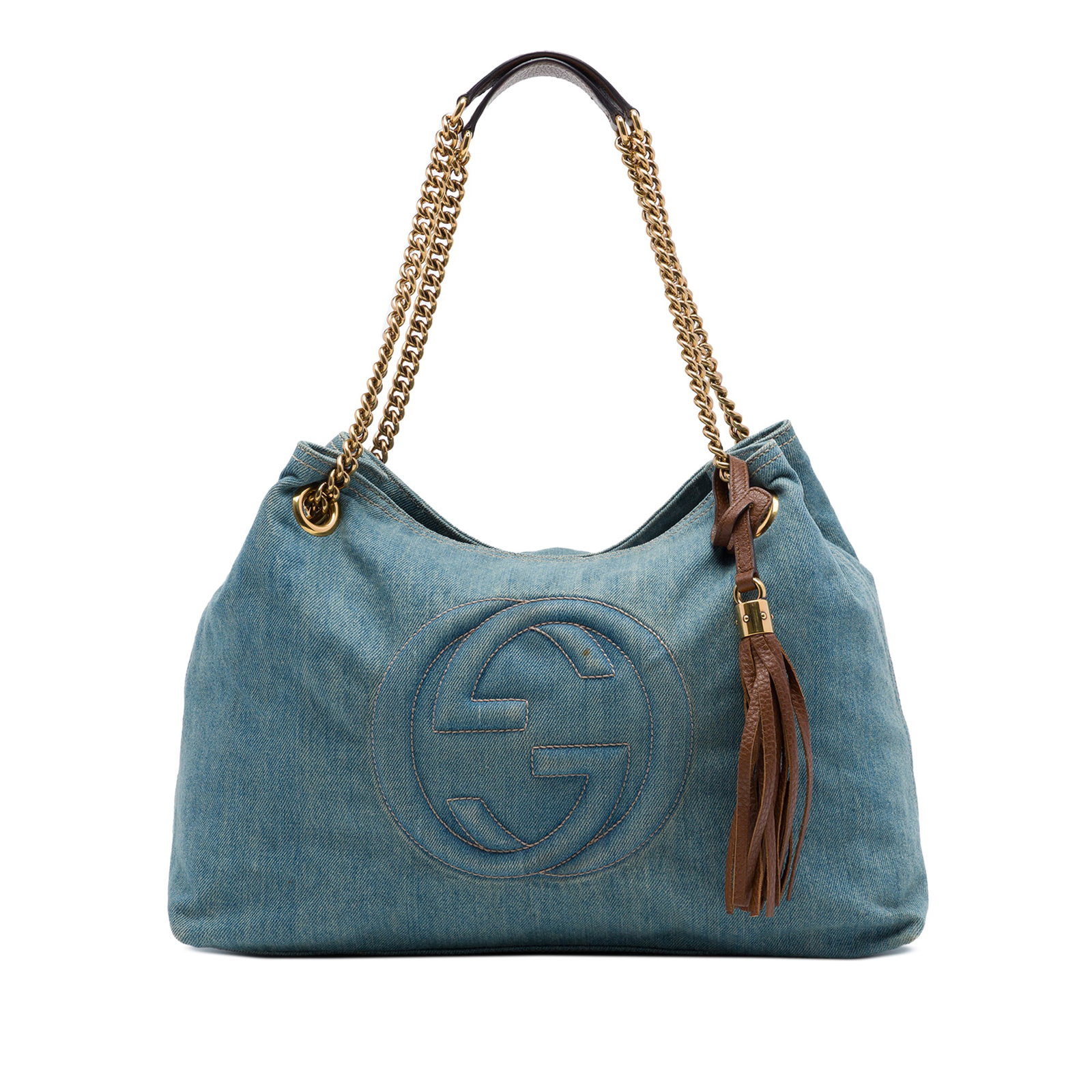 Gucci Soho Chain Tote Medium Blue Denim Bag: Gucci Soho Chain Tote Medium Blue Denim Bag Gucci Medium Denim Soho Chain Tote crafted in blue fabric with a leather tassel and curb chain shoulder straps with leather guard. The open-top design inclu