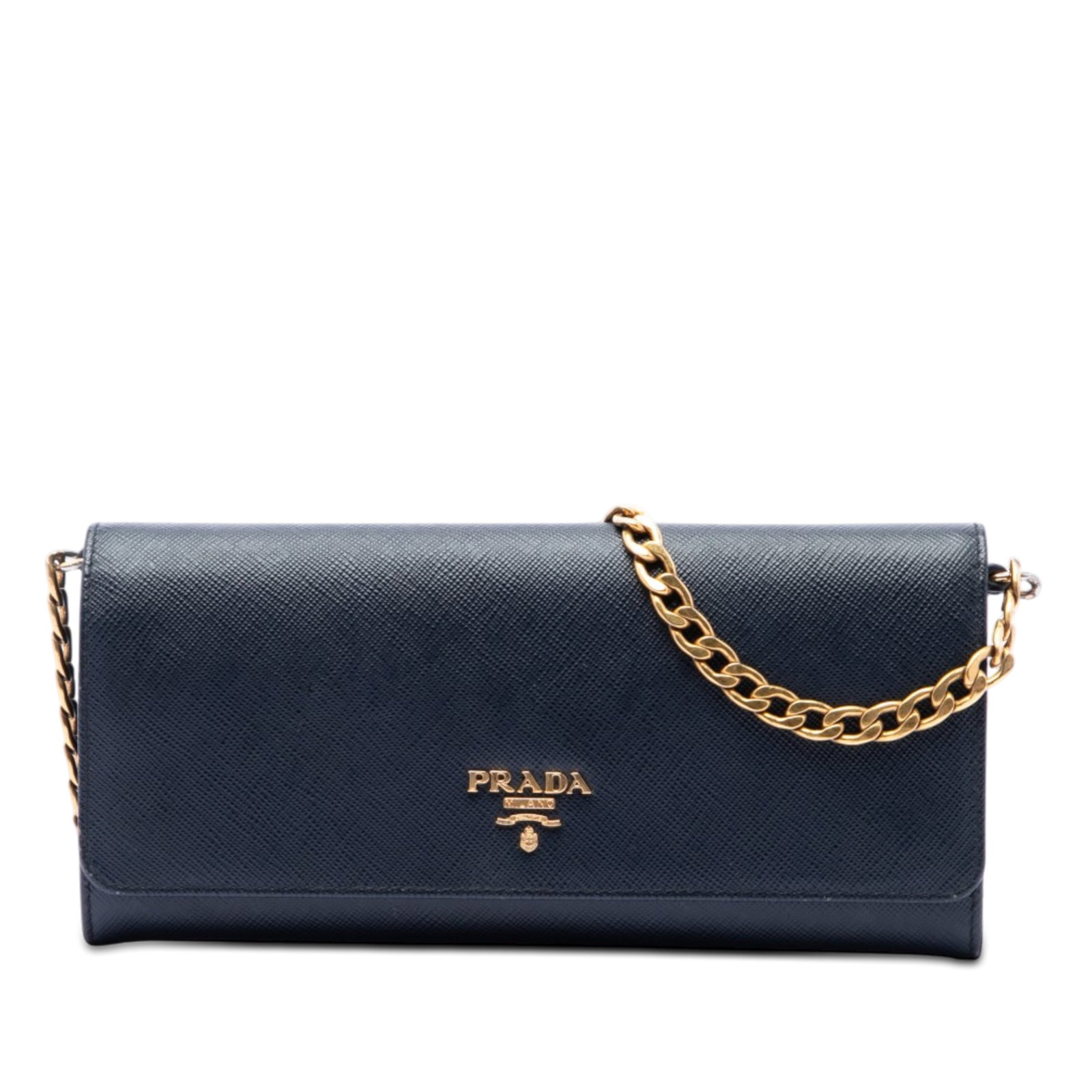 Prada Saffiano Lux leather wallet on chain blue: Prada Saffiano Lux leather wallet on chain blue Prada Saffiano Lux Wallet On Chain in blue saffiano leather. This compact bag features a chain link strap, a front flap with snap button closures, and a