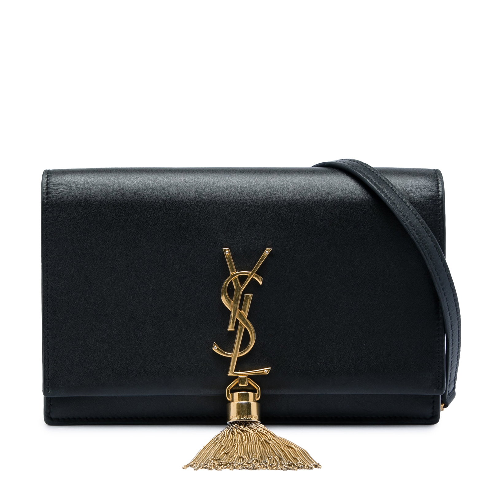 Black Leather Chain Wallet Saint Laurent Kate Monogram Tassel: Black Leather Chain Wallet Saint Laurent Kate Monogram Tassel Saint Laurent Smooth Calfskin Monogram Kate Tassel Chain Wallet in black leather with a metal tassel detail and chain-link strap with a le