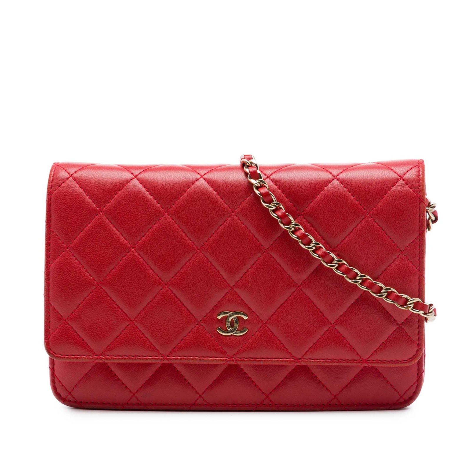 Chanel CC Wallet on Chain in Red Quilted Lambskin: Chanel CC Wallet on Chain in Red Quilted Lambskin A Chanel wallet on chain crafted in red quilted lambskin leather. It features a leather-woven chain link strap, a front flap with interlocking CC and 