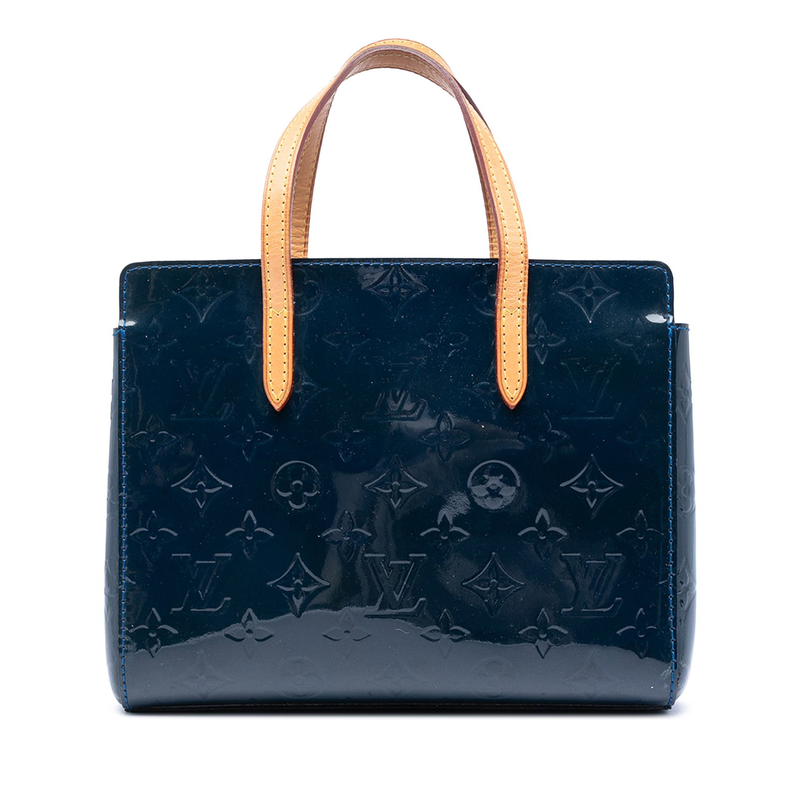 Louis Vuitton Catalina BB Monogram Vernis Blue Leather Handbag: Louis Vuitton Catalina BB Monogram Vernis Blue Leather Handbag Louis Vuitton Monogram Vernis Catalina BB handbag crafted in leather with flat vachetta leather handles, an open top, claw clasp closure,