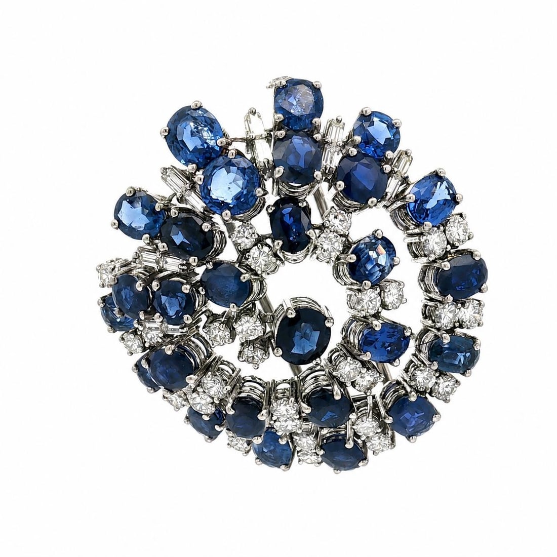 Sapphire Diamond Spiral Brooch 20.68ctw Platinum White Gold: Sapphire Diamond Spiral Brooch 20.68ctw Platinum White Gold Large spiral pin brooch set with natural blue sapphires and natural diamonds in a platinum mounting. The design features round and oval-cut 
