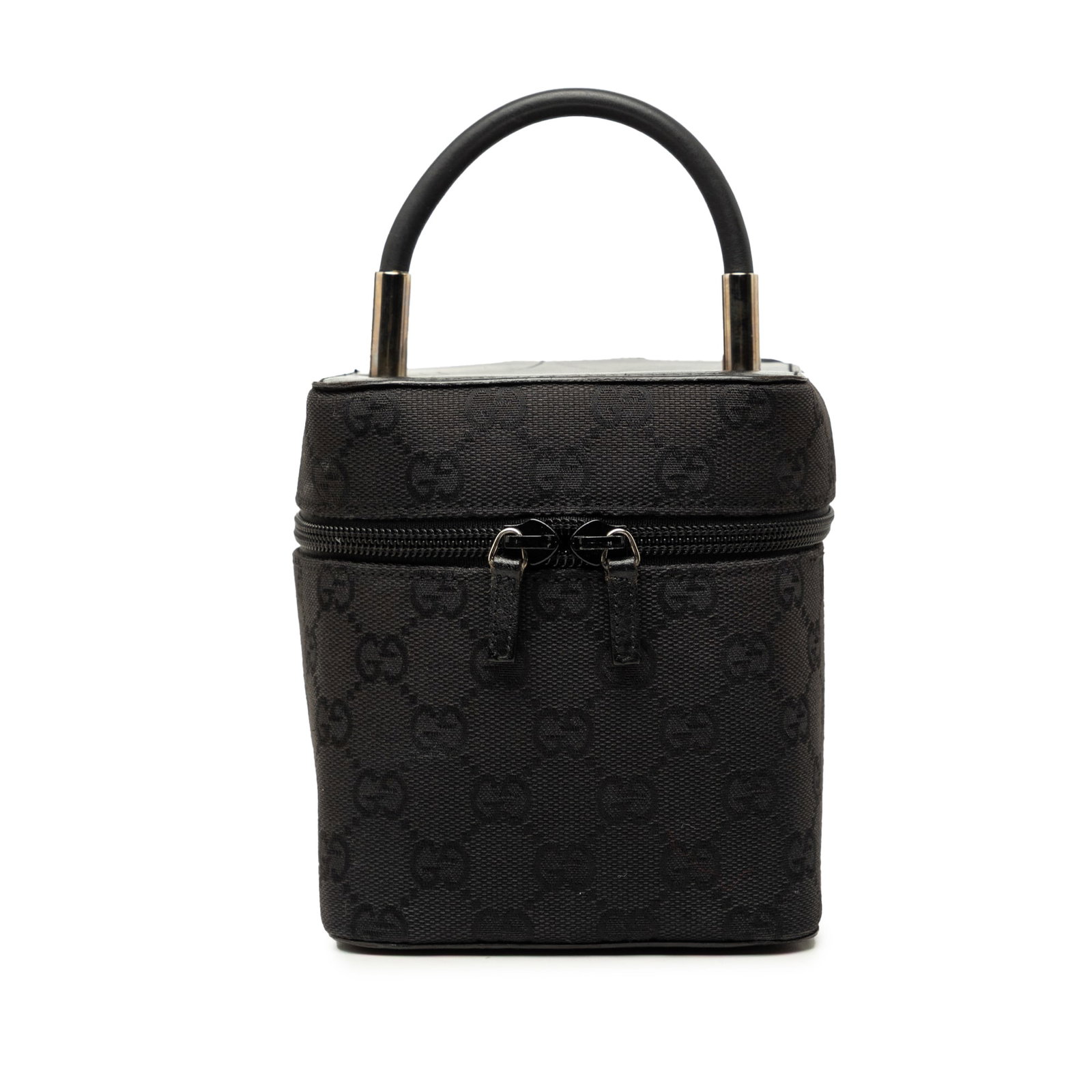 Gucci Mini GG Vanity Bag in Black Canvas: Gucci Mini GG Vanity Bag in Black Canvas Compact and structured, this Gucci Mini GG Canvas Vanity Bag is crafted with a canvas body and leather trim. It features a rolled top handle and a zip-around t