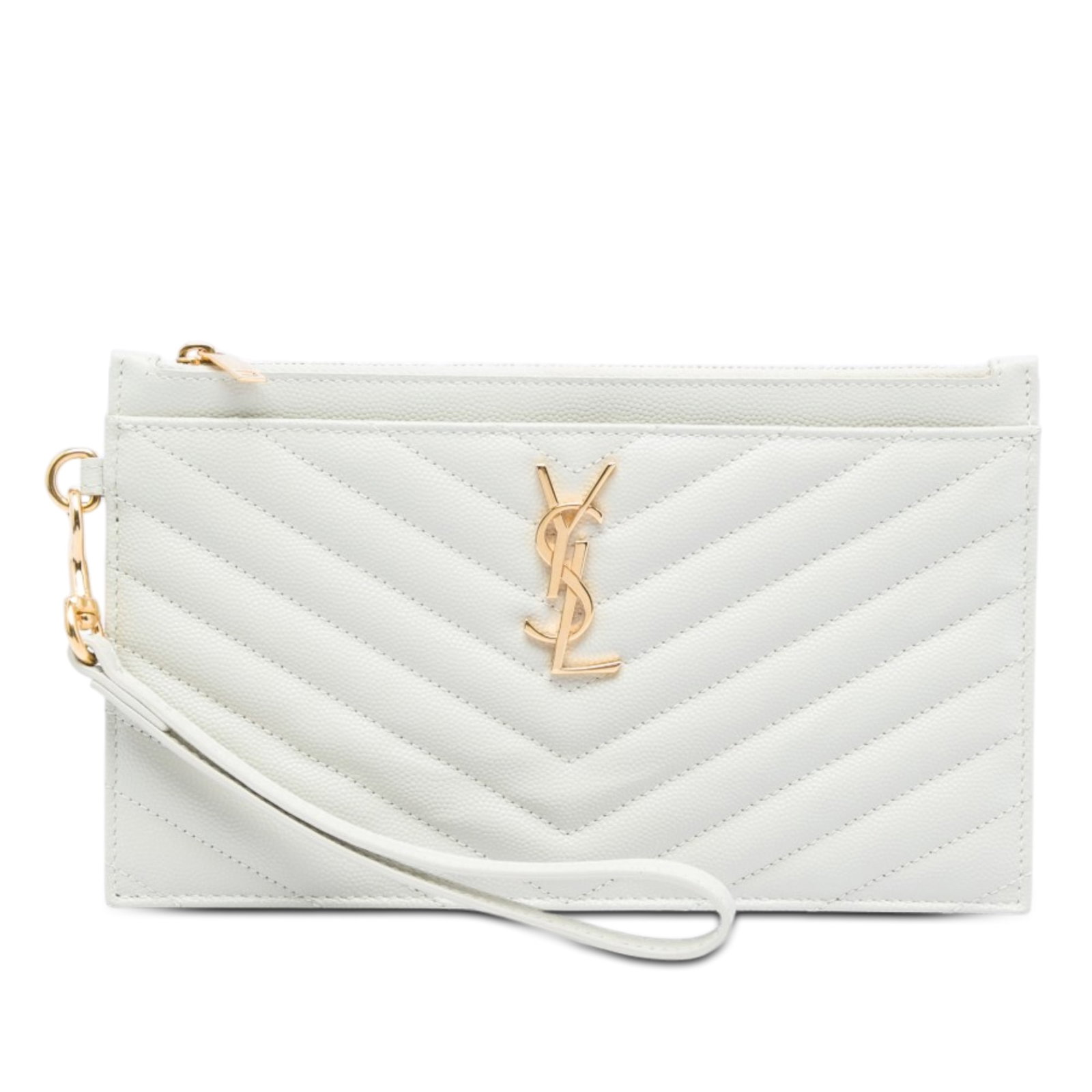 Saint Laurent Monogram Bill Pouch White Quilted Leather Wristlet: Saint Laurent Monogram Bill Pouch White Quilted Leather Wristlet Saint Laurent Grain De Poudre Chevron Monogram Bill Pouch crafted in quilted leather with a top zip closure and flat wrist strap. The d