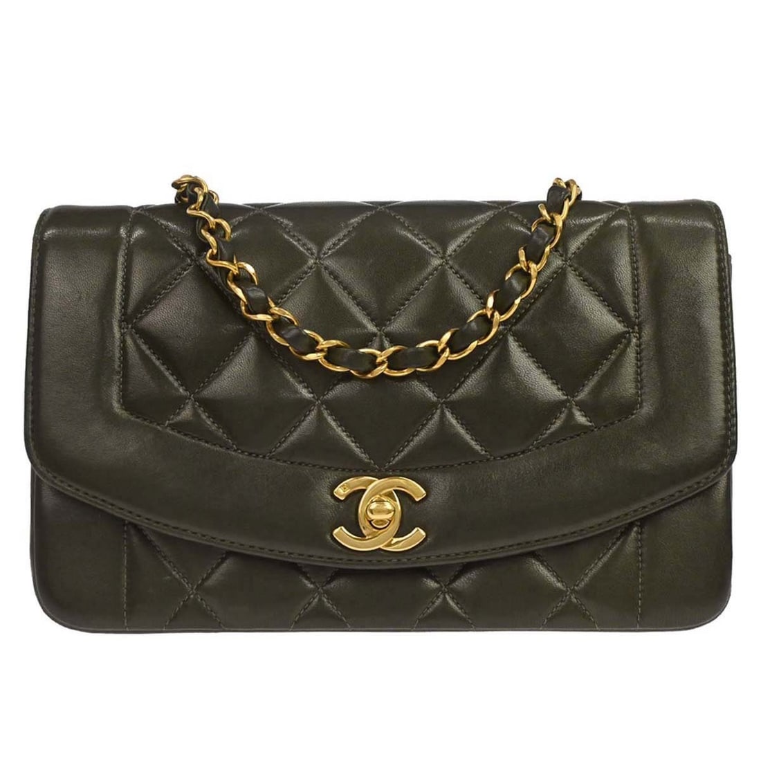 CHANEL Diana Small Green Lambskin Shoulder Bag: CHANEL Diana Small Green Lambskin Shoulder Bag Chanel Small Diana shoulder bag in green lambskin with a shoulder strap and canvas lining. This women's bag features interior storage with one zipper poc