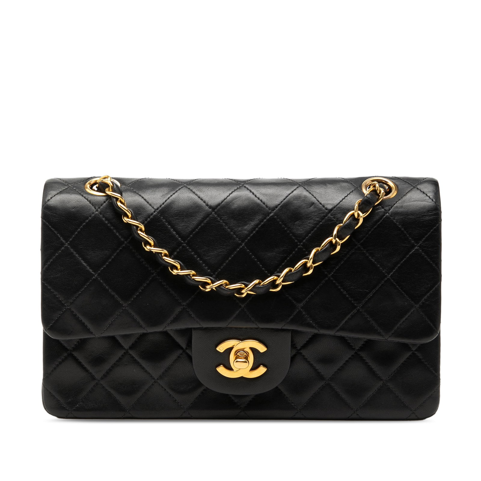 Chanel Small Classic Double Flap Shoulder Bag Black Lambskin: Chanel Small Classic Double Flap Shoulder Bag Black Lambskin A Chanel Small Classic Lambskin Double Flap shoulder bag in black quilted lambskin. It features leather-woven chain shoulder straps, double