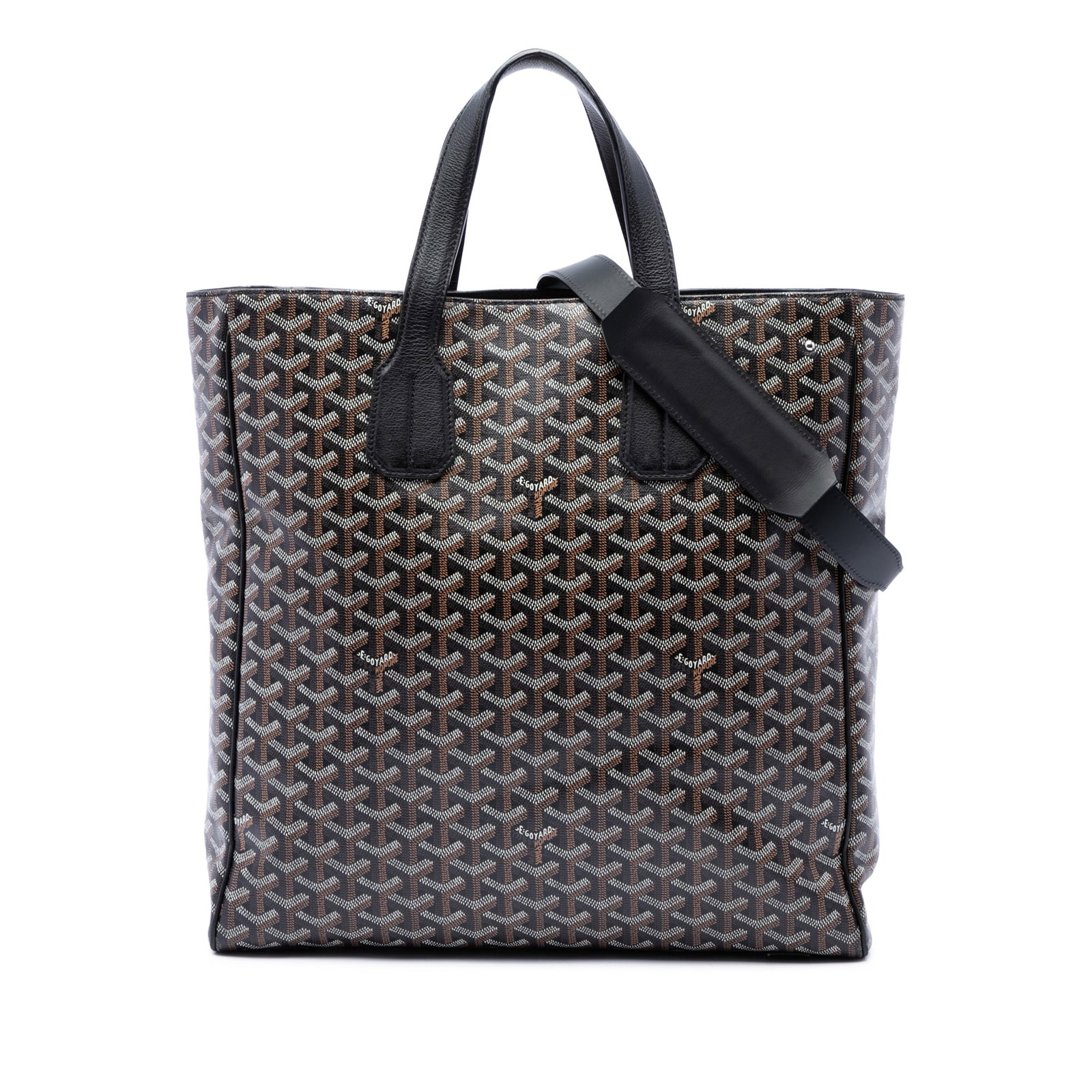 Goyard Goyardine Voltaire Black Coated Canvas Tote Bag: Goyard Goyardine Voltaire Black Coated Canvas Tote Bag A Goyard Goyardine Voltaire bag crafted with a coated canvas body and flat leather handles. The design includes a detachable flat strap, an open 