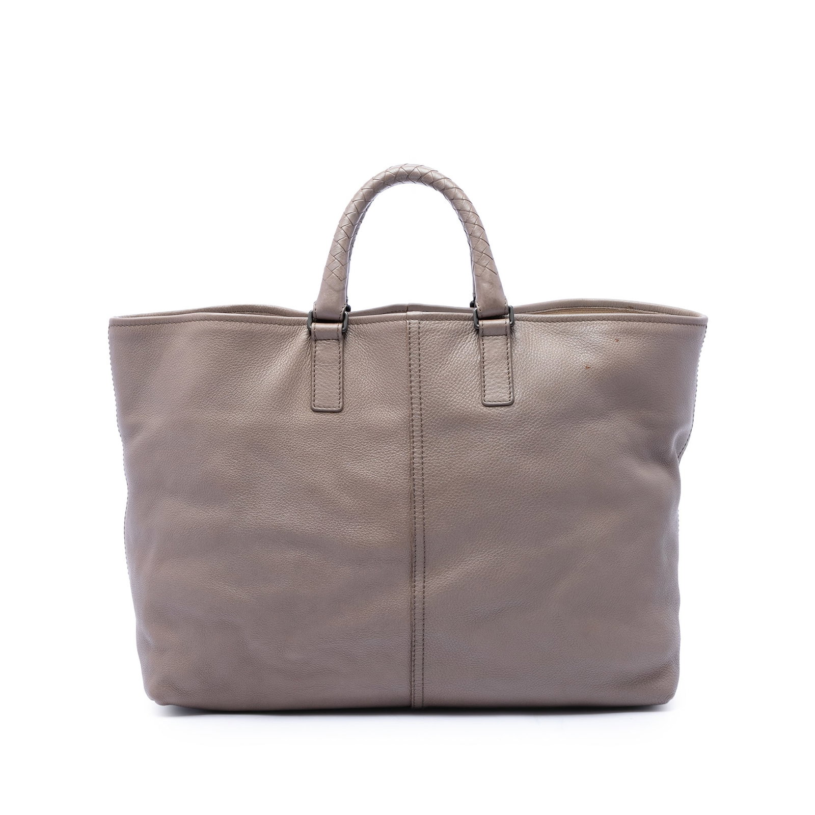 Bottega Veneta Intrecciato Calfskin Tote Bag Brown Leather: Bottega Veneta Intrecciato Calfskin Tote Bag Brown Leather Bottega Veneta Calfskin Intrecciato Handle Tote in brown leather with rolled woven leather handles, an open top, and an interior zip pocket. 