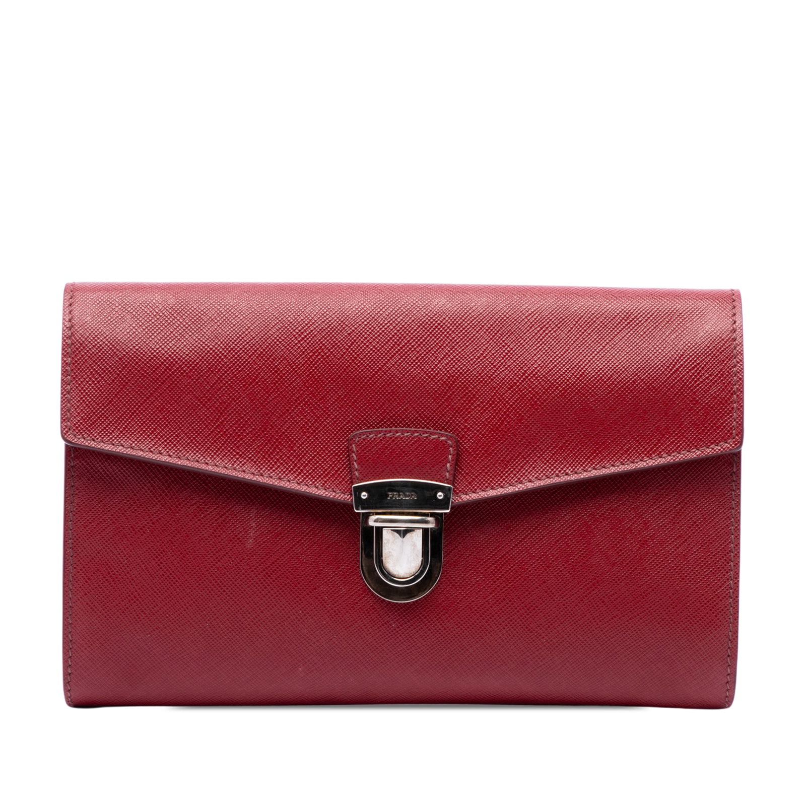 Prada Saffiano Leather Envelope Clutch with Push Lock Red: Prada Saffiano Leather Envelope Clutch with Push Lock Red Prada Saffiano Envelope Pushlock Clutch in red saffiano leather. This clutch features a top flap with push lock closure, an exterior back slip