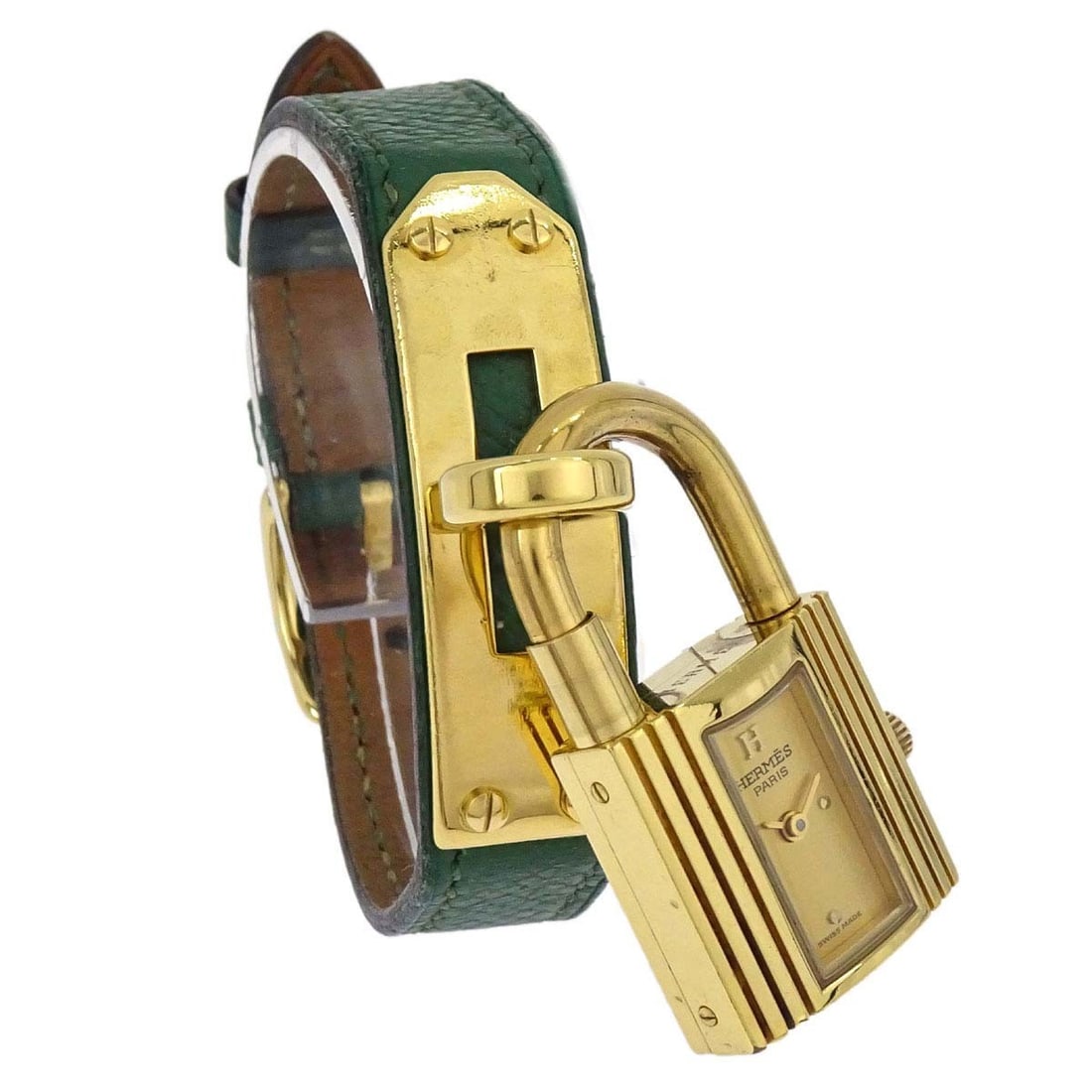 Hermes Kelly Women's Quartz Wristwatch Green Leather Band Gold Plated Case: Hermes Kelly Women's Quartz Wristwatch Green Leather Band Gold Plated Case Elegant and distinctive, this Hermes Kelly wristwatch features a green leather band paired with a gold-plated case and bezel.