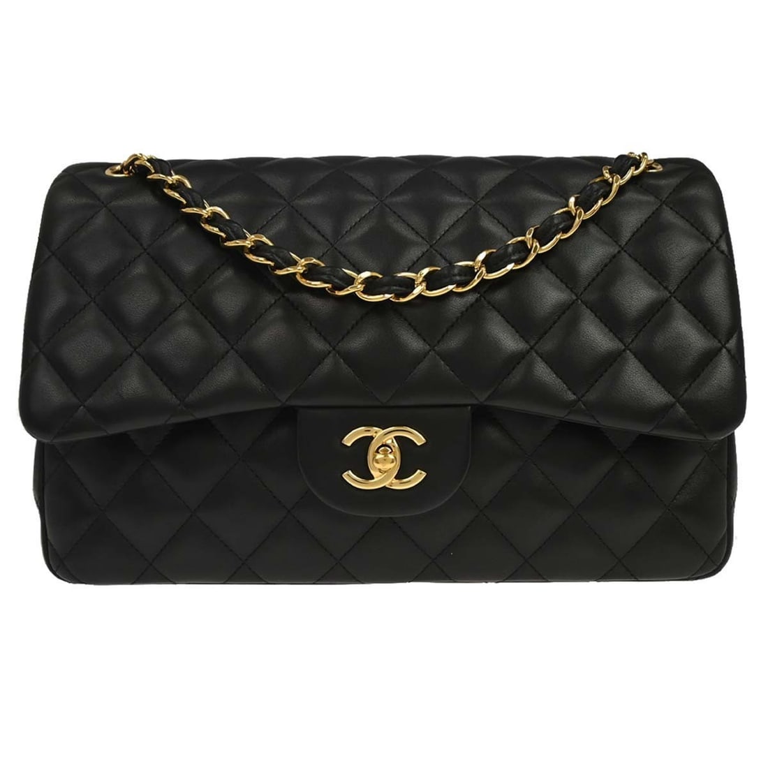 CHANEL Classic Double Flap Jumbo Shoulder Bag Black Lambskin: CHANEL Classic Double Flap Jumbo Shoulder Bag Black Lambskin Chanel Jumbo Classic Double Flap shoulder bag in black lambskin leather with a turn-lock closure and red lining. This large shoulder bag fe