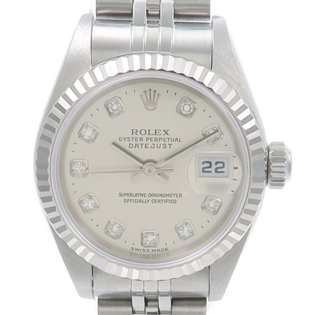 Ladies ROLEX Datejust 79174G Automatic Wristwatch Steel 18KWG Diamond: Ladies ROLEX Datejust 79174G Automatic Wristwatch Steel 18KWG Diamond Rolex Datejust 79174G/2001 women's automatic wristwatch with a silver dial, date display, and stainless steel construction accente